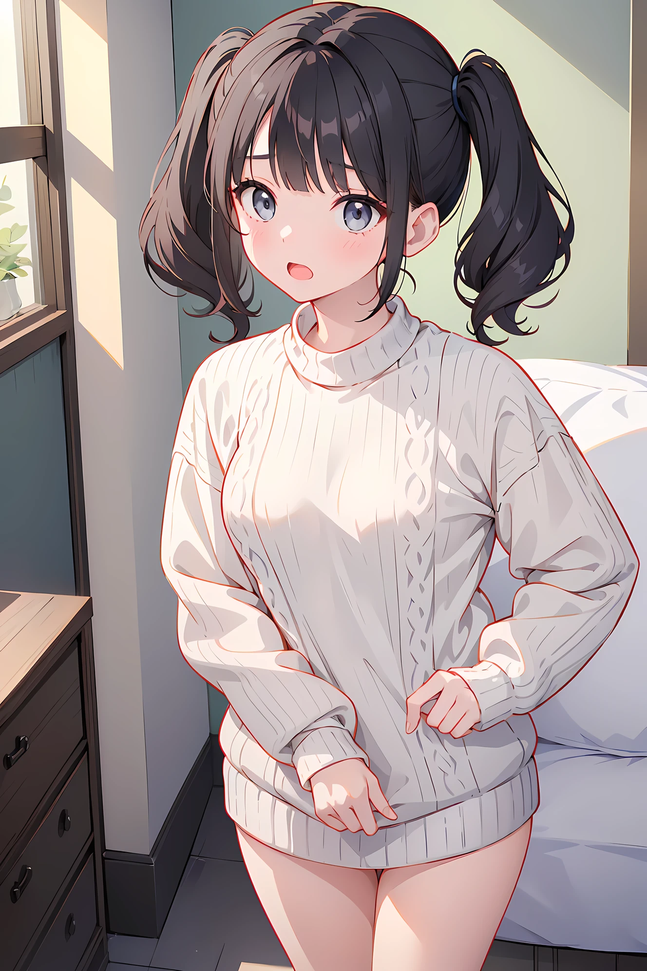 (masterpiece、Highest quality、Very detailed))、One girl、Black Hair、short hair、twintails、blunt bangs、Wavy Hair、Grey Eyes、((open mouth))、((small breasts))、((white sweater))、joyful、、((ite body))、thighs、Standing、living room Background