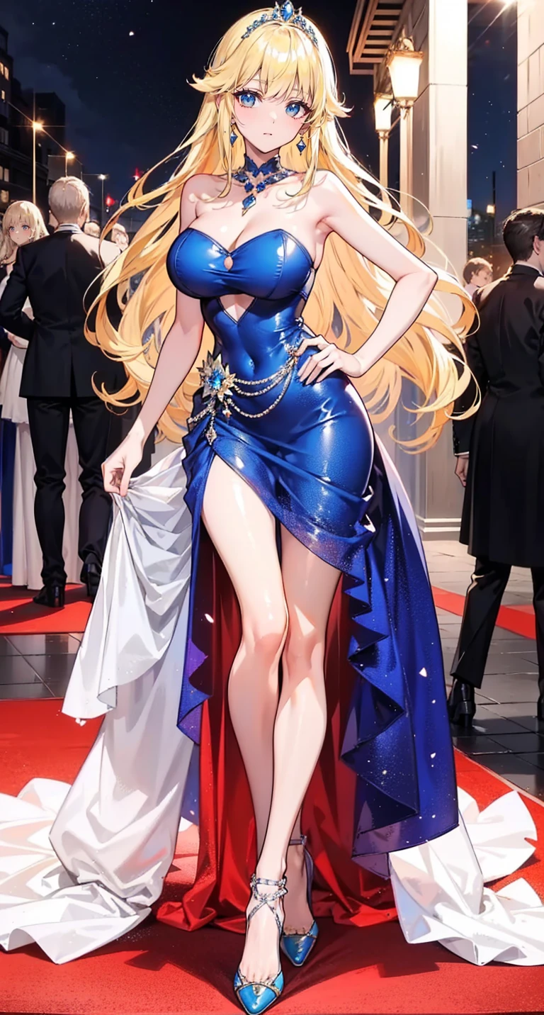 beautiful woman，(Has long blonde hair)，nobility，(princess)，Blue student，Tall figure，((Strapless dress))，Low skirt，(Celebrity evening gowns)，Show your legs，Crystal high heels，Red carpet，Prom Website，(nobility)，(big )