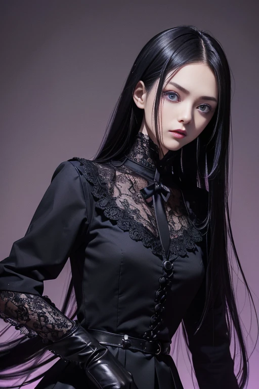 (Night Mitaka)、Uniform、(Cool Beauty).Long black hair、The face of victory、skinny、Upper Body、Chainsaw Man、((Save face image)、((Alone)).((woman)).(one piece Uniform).(high )、Purple lace gloves、Gothic Lace Arm Covers.((Make your eyes beautiful:1.3)).((Balancing the eyes)).