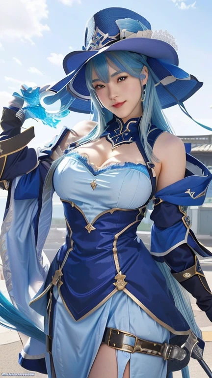 WZJBXZH，（（（Blue long hair，Long hair，blue hairs，Exquisite facial features, Beautiful face, Erotic, Enchanting,Blue eyes，Charming, Alluring, Seductive, Long hair covers the body ）））,((Masterpiece)),A high resolution, ((Best quality))，tmasterpiece，top-quality，best qualityer，（（（ looking at viewert, There is light in the eyes））），（（（Light and shadow interlace，white skinned，laughingly，self-assured）））