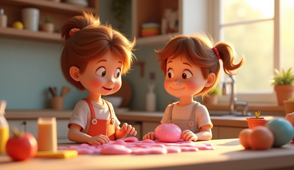 2 kids playing with foam in a kitchen, animated clay, perfect lighting, dynamic pose