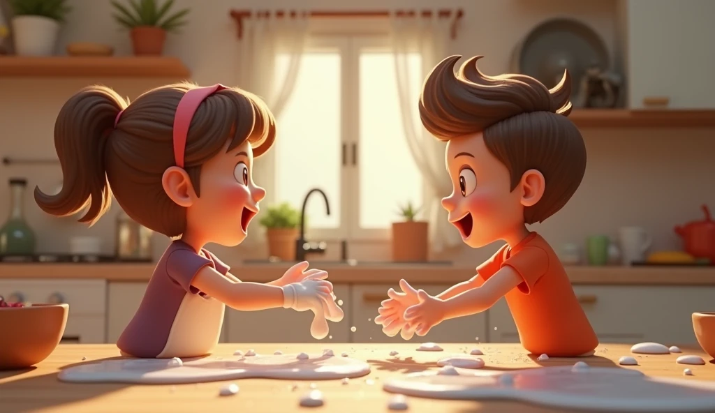 2 kids playing with foam in a kitchen, animated clay, perfect lighting, dynamic pose