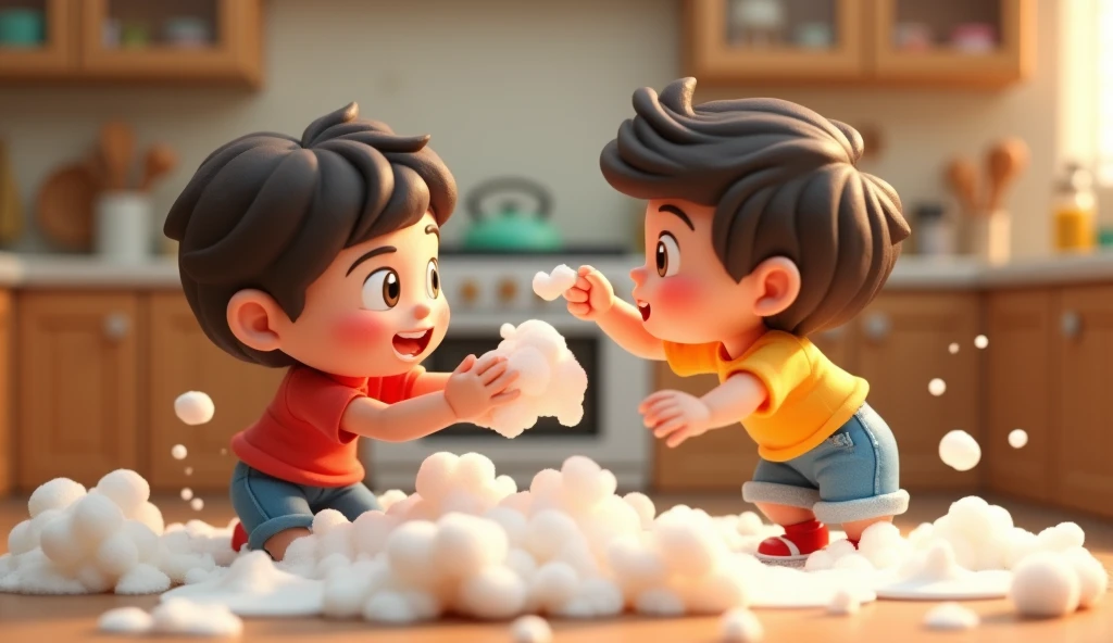 2 kids playing with foam in a kitchen, animated clay, perfect lighting, dynamic pose