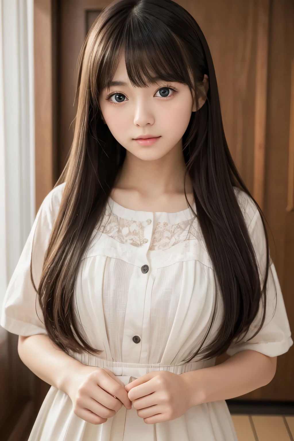 (masterpiece, Best Quality:1.2), 8k,Best Quality,masterpiece,Very detailed, High resolution, Very detailed, Best Qualityの写真,Teen,Age 15,High school girl,Idol,beautiful girl, (とてもcute日本の***),Long Hair, straight, With bangs, Black Hair,cute, cute, cute日本人女性, Very delicate and beautiful face, Big Eyes, Wide eyes, Looking at this, ((No accessories)),one&#39;s home, indoor,Fair-skinned girl, kind,Junior high school students,Winter clothes,Long sleeve, Loungewear, cute恋人, 18 years old, Adorable, 美しいJunior high school students, Big Eyes, 美しいHigh school girl, Selfie, Personal photo shoot,Selfieの角度,Women&#39;s Room,Natural soft light,Idol, はにかむHigh school girl（Hmmmm）,She smiles happily at me, Watching the audience,Red, pink, black