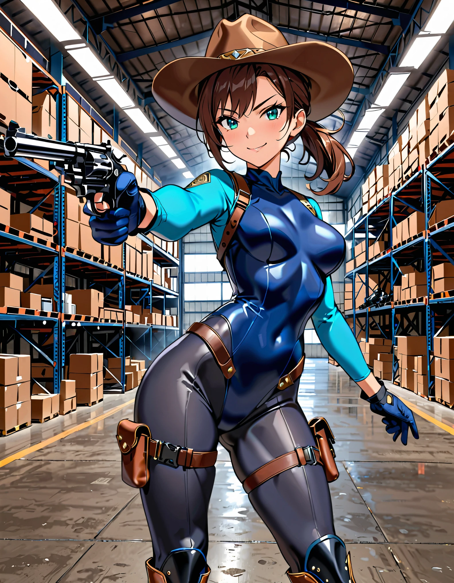 masterpiece, best quality, 1lady, solo, solo focus, (tall body), hispanic, brown hair, short hair, ponytail, blue-green eyes, medium breasts, beautiful detailed eyes, beautiful detailed face, smirk, ((brown cowboy hat)), (bodysuit, (solid blue bodysuit, leotard, dark blue leotard, skin-tight dark grey leggings), perfect fit), long sleeves, (gloves, dark blue gloves, matching gloves, boots, combat boots, dark blue boots, matching boots), drop-down pistol holster, knee pads)), ((pointing pistol at the viewer, revolver)), full body, cowboy shot, empty warehouse, danger atmosphere.