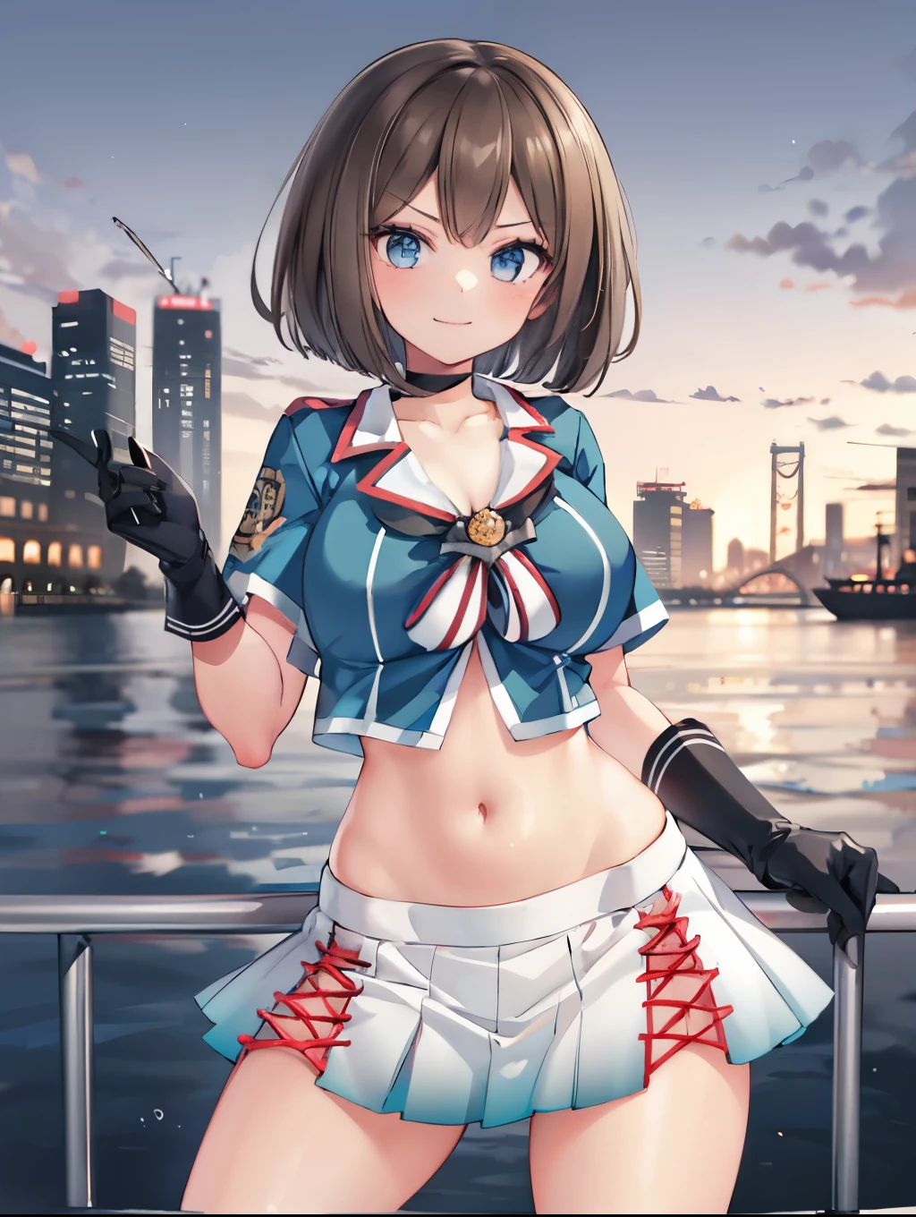 1young_teen_ girl, , brown_hair, medium_bob_hair, blue_midriff_baring_sailor_uniform, mini_skirt, short_sleeve, thighs, gigantic_breasts, angry, smile,nihil,standing, harbor_background, slightly_spread_Legs, happiness, short_gloves,