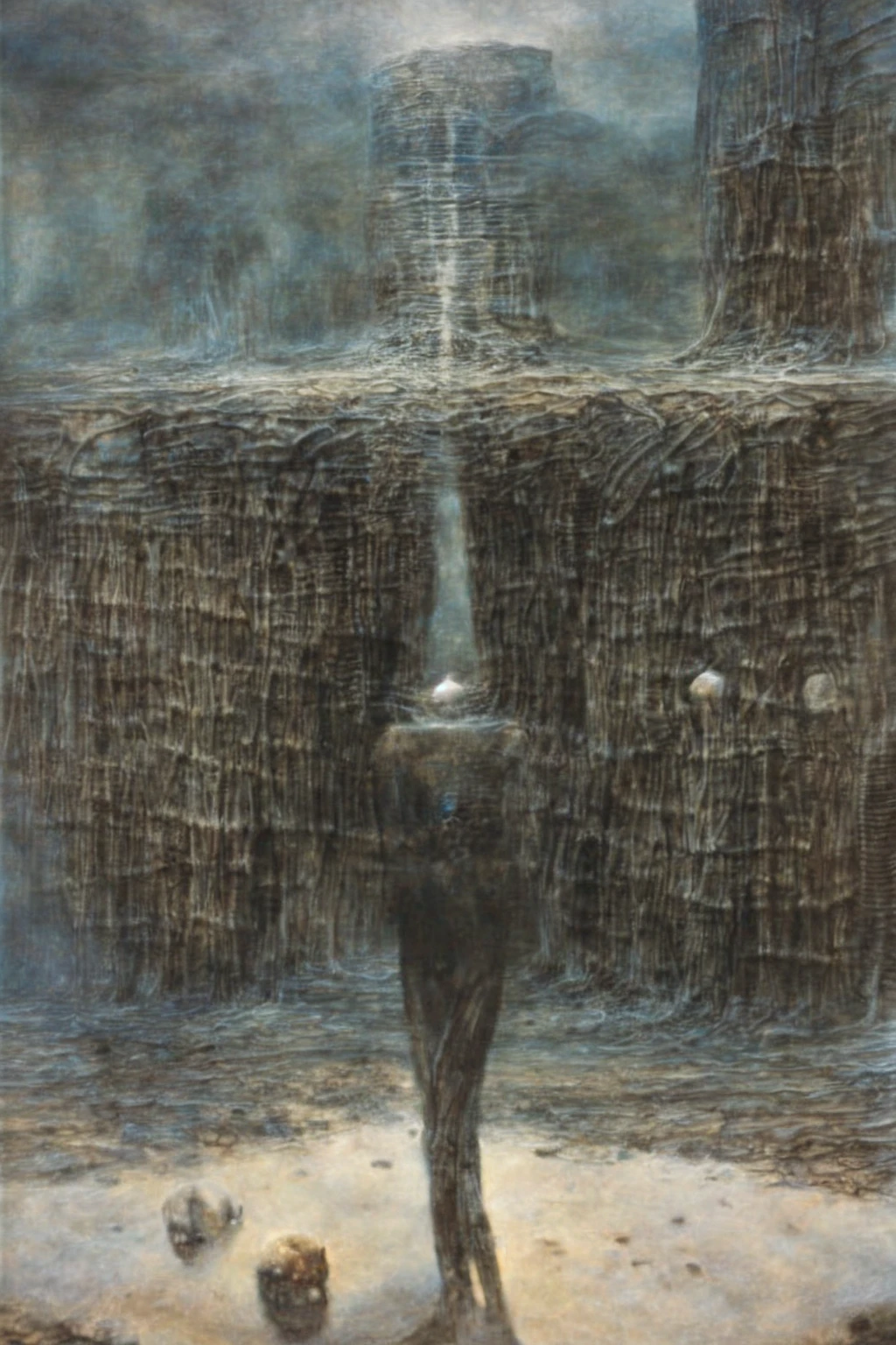 Oil painting , by zdzislav beksinski.A solitary figure walks away from a group of identical, faceless men. The men are standing in a line along a wall, facing away from the viewer, and appear to be mourning. The setting is a dimly lit, dystopian street, with a bridge arching over a raging river in the background.. dim light illuminates an eerie creature about three meters tall, resembling a gnarled earthy figure, combining the features of a leprechaun and a strange embryo, as if looking out for something in the semi-darkness by the fire. zisław Beksiński, The atmosphere is reminiscent of Gothic fantasy, with a nostalgic tinge, emotional tension, otherworldly, unreal, a different being