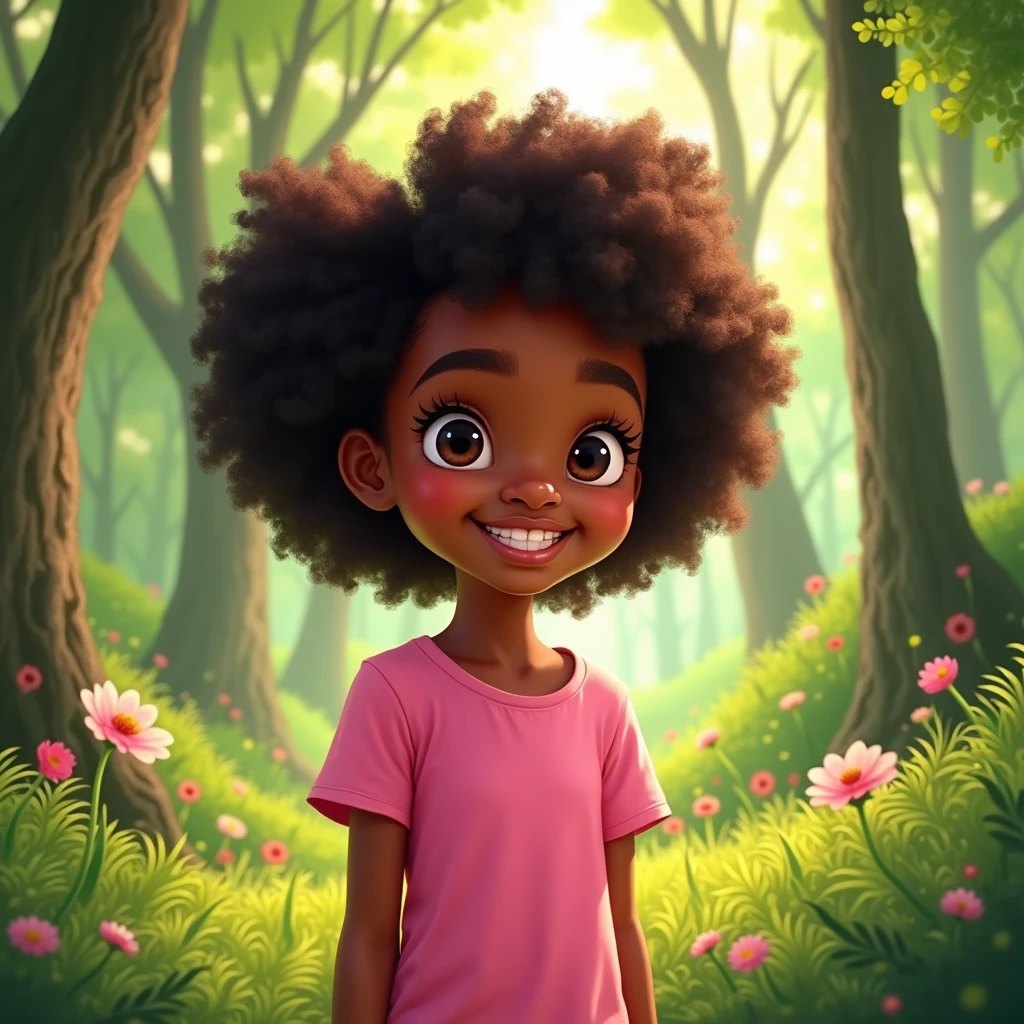 Raising a Black Child with Curly Hair, brown eyes female wearing a pink t-shirt in a forest. Disney Pixar style
