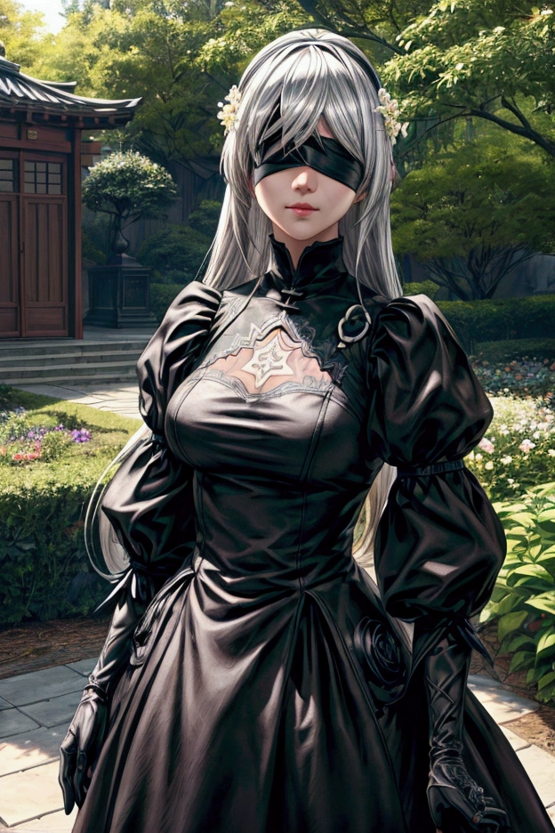 Automataにインスパイアされた、Nier Automata Characters、Nier Automata Cosplay、(High resolution、4K、Please redeem) Inspired by Nier、剣を持った黒い服を着たGirl: Automata、Girl、((Both eyes are completely covered with a black blindfold))、Delicate and beautiful silvery white hair、Beautiful lip detail、And a highly detailed face with fine skin texture、She stands in a garden of brilliant colors、Blooming Flowers々Surrounded by、The garden is lit by soft natural light.、Create a peaceful atmosphere、Girlの黒い衣装は光沢のある革素材で作られています、Gives a stylish and futuristic look、In her hand she holds a silver sword、Reflects sunlight、The blade is intricately engraved、Craftsmanship shines through、Girlの風になびく髪、Adding Dynamic Movement to a Scene、The overall image is realistic and photorealistic、Sharp focus and vibrant colors、Increase visual impact、This artwork is from Nier : Automataの本質を捉えており、Paying homage to the iconic character 2b。