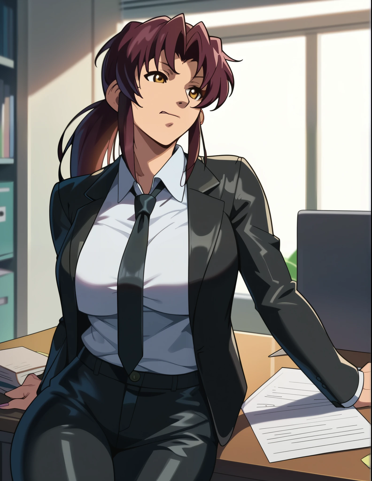 Revy, 1girl, solo, office lady, white shirt, black necktie, black leather blazer, black leather pants, big breasts, in the office principal, black leather, leather suit, shinny leather outfit
