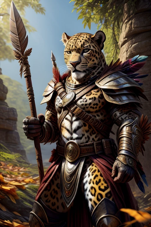 Imagine a warrior jaguar, with armor made of leaves and feathers. The jaguar warrior holds a spear and is a symbol of courage and energy.