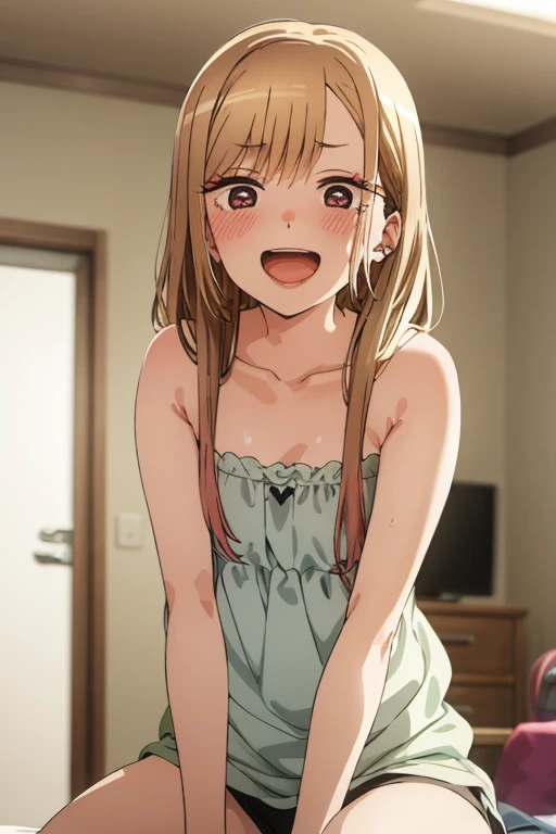 ((Best Quality)), ((masterpiece)), (be familiar with), Perfect Face, indoor, bedroom, Watching the audience,
One woman, Kitagawa Marin,
Open Mouth, Ecstatic expression, blush, smile,
Small breasts, Flat Chest, , , child, Girl,
Long Hair, Long Hair,
Leg spread,