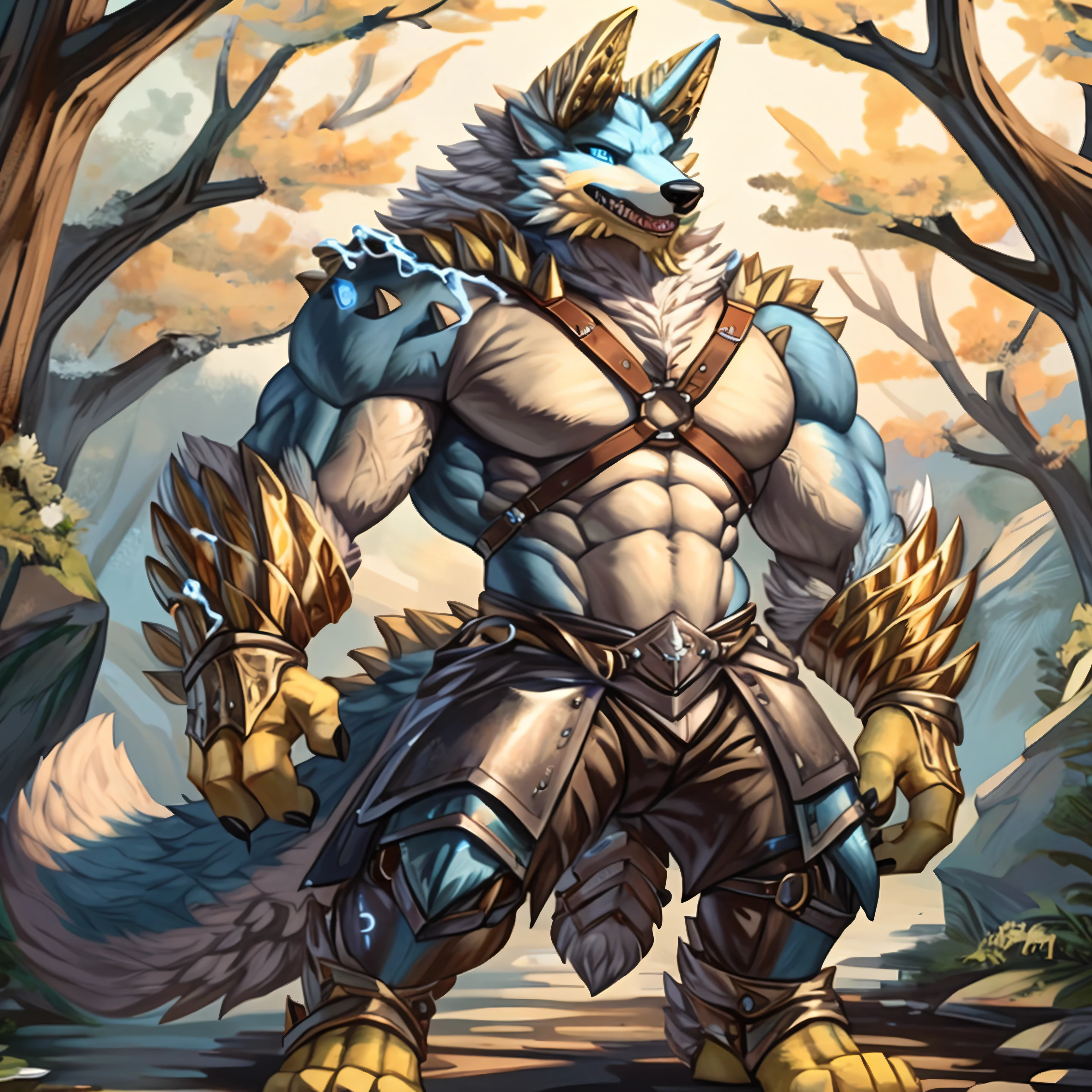 A fusion of a Wolf and a Dragon, Yellow horns, High Quality, 4K, Wolf tail,((full body, blue eyes, blue body, white furry, yellow hand, yellow feet, blue face,4TOES, 4FINGERS, Wolf Mouth, Fluffy Wolf TAIL)),((horns)),muscular,  Wolf Mouth, sharp teeth, spikes, detailed hands(4Fingers)), ,spikes, DETAILED FEET, , Epic armor, forest, Epic Leather Armor, Leather Armor, thick Leather Harness, Metal Buckle, Druid Armor, Nature Armor, Lighting Eyes, Electricity aura, Relaxed Arms, Leather Belt, Leather Crotch, Heavy Belt, Armored, Crackling Aura, Lighting Skin, 4FINGERS, Druid Clothes, Druid Leather, Fluffy Wolf Tail, Relaxed Stance, Casual Stance, Deep Mountain Forest