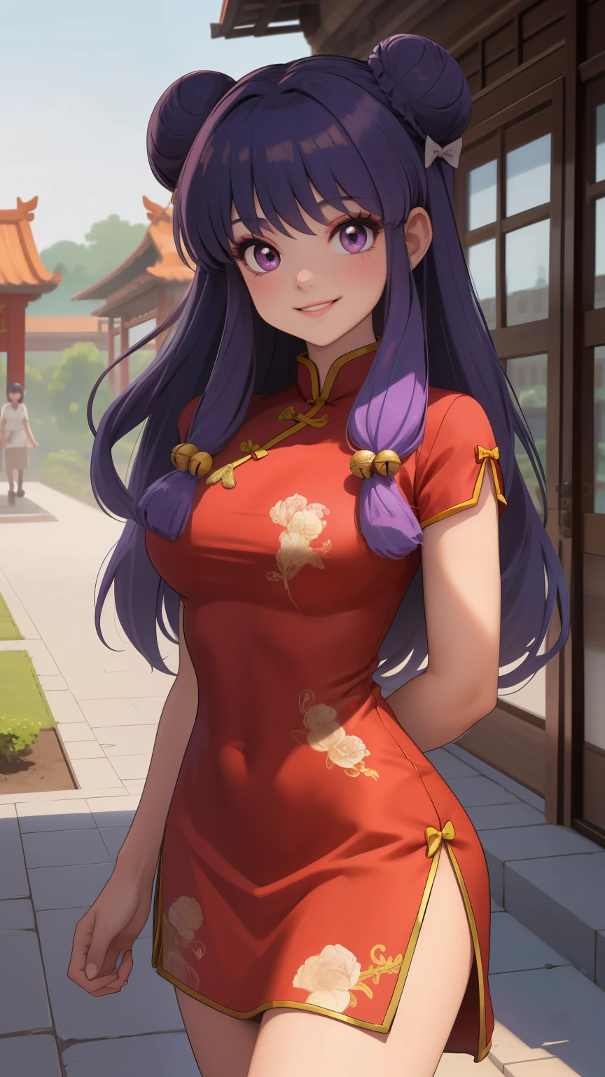 masterpiece, best quality, highres, ShampooDef, 1girl, solo, purple eyes, purple hair, hair bun, bell, double bun, jingle bell, long hair, breasts, smile, bangs, hair ornament, bow, sidelocks, shampoo (ranma 1/2), dress, chinese clothes, red china dress, cowboy shot, arms behind back, looking at viewer, outdoors, chana town, red dress