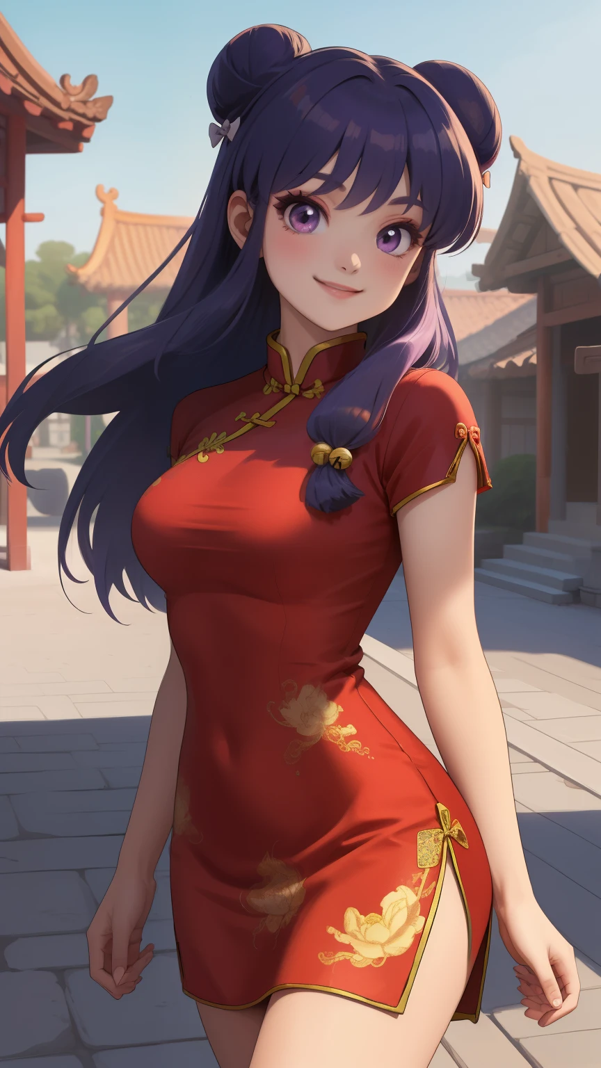 masterpiece, best quality, highres, ShampooDef, 1girl, solo, purple eyes, purple hair, hair bun, bell, double bun, jingle bell, long hair, breasts, smile, bangs, hair ornament, bow, sidelocks, shampoo (ranma 1/2), dress, chinese clothes, red china dress, cowboy shot, arms behind back, looking at viewer, outdoors, chana town, red dress