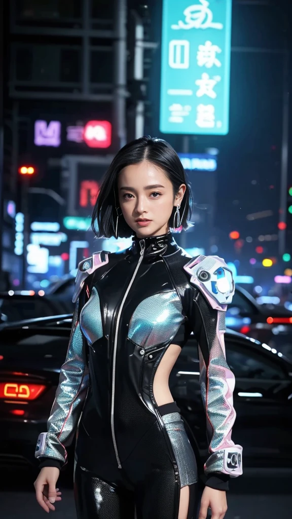 High resolution、masterpiece、Textured Skin、High image quality、超High resolution、Very detailed、woman、Look at, low length、Large Breasts、Anatomically correct, Short Hair、Look at, solo, Sexy cyber suit from the near future、Cyberpunk、The background is a glittering neon city at night、