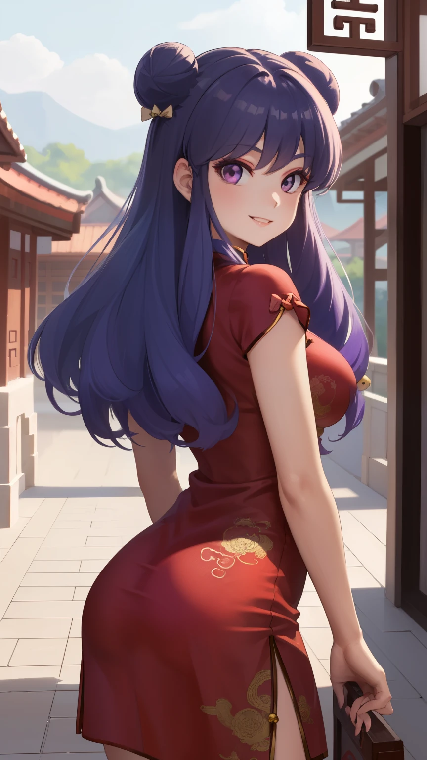 masterpiece, best quality, highres, ShampooDef, 1girl, solo, purple eyes, purple hair, hair bun, bell, double bun, jingle bell, long hair, breasts, smile, bangs, hair ornament, bow, sidelocks, shampoo (ranma 1/2), dress, chinese clothes, red china dress, cowboy shot, arms behind back, looking at viewer, outdoors, chana town, red dress