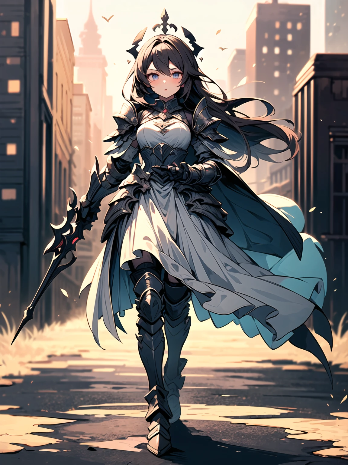 masterpiece, best quality, intricate, detailed, sharp, focused, ((one girl)), ((detailed eyes)), dark blue eyes, long hair, A beautiful girl is on the road, 22 years old, masterpiece, highest quality, High contrast, leather armor, black pants, brown boots, big breasts, (((full body view))), fit body, (high quality :1.5), black hair, perplexed, Tall body, angry face, mature face, outdoors, medieval era, village, mature face, ((high resolution)), ((depth of field))