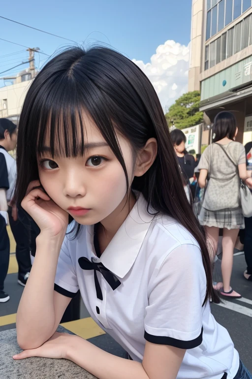from above,(wariza:2),dissatisfied face,look up,-yeld Elwith long black hair