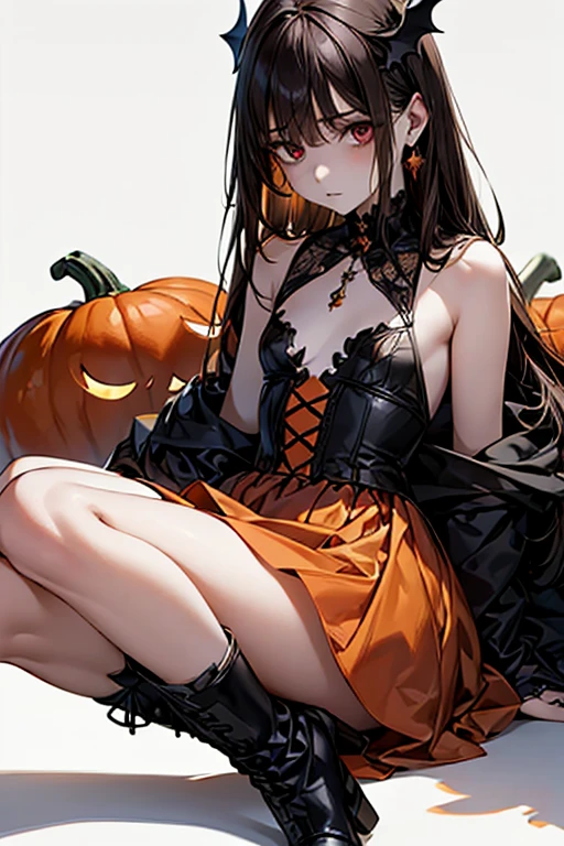 blank white background, ultra detailed, best quality, dull-color palette, delicate lines, touching a complicated holy pumpkin object, an injured dead girl, pale skin, intricate Halloween black, orange, and purple dress, small devil wing, boots, straight bangs, decorated hair, ghost