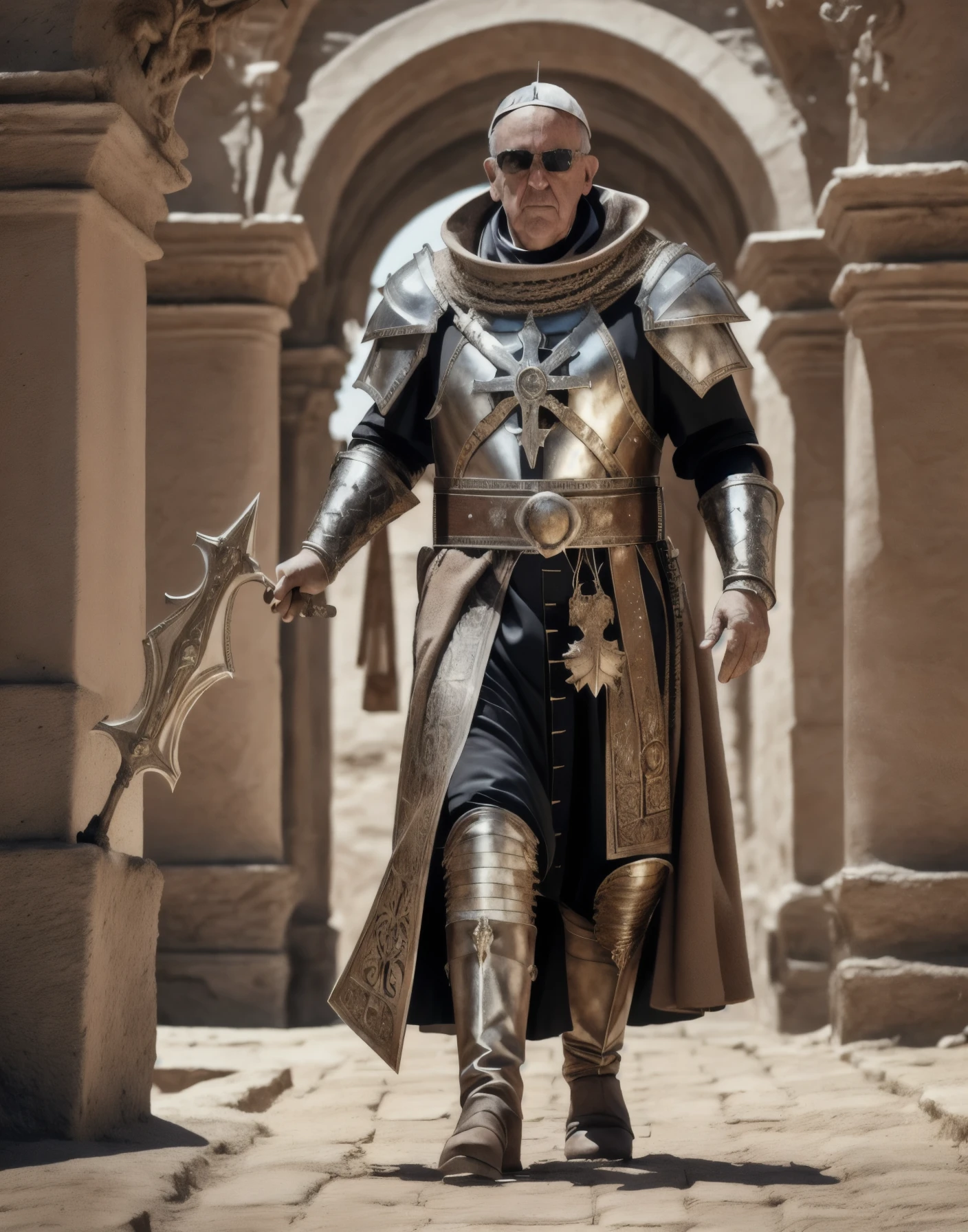  Pope Francis, wearing a white plate metal armor, depicted as a war cleric from dungeons and dragons, fantasy, wearing sunglasses, sharp focus, clear, intricate, cinematic, glamourous, symmetrical, soft lighting, indirect lighting, vogue, editorial, fashion, full body