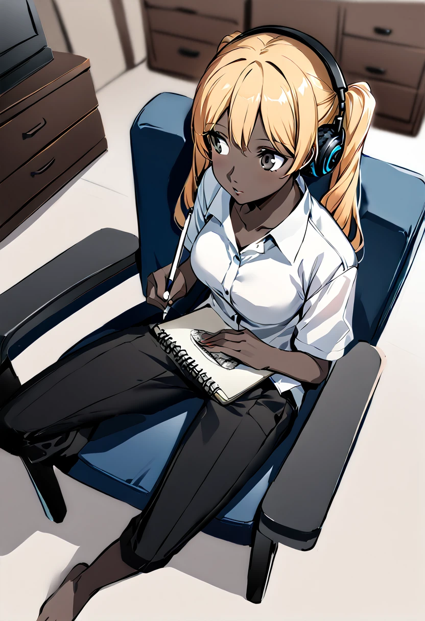 1girl, twin tails, light orange hair, black headphones, drawing on a sketchbook with a pen, sitting in a soft chair, bedroom background, barefoot, oversized white shirt, very dark skin, round breasts, short black pants