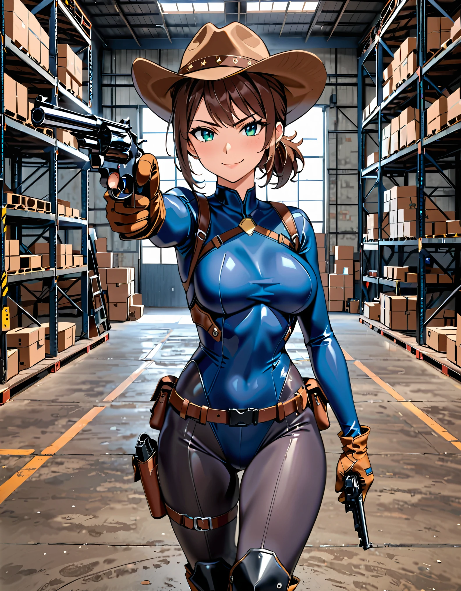 masterpiece, best quality, 1lady, solo, solo focus, (tall body), hispanic, brown hair, short hair, ponytail, blue-green eyes, medium breasts, beautiful detailed eyes, beautiful detailed face, smirk, ((brown cowboy hat)), (bodysuit, (solid blue bodysuit, leotard, dark blue leotard, skin-tight dark grey leggings:1.2), perfect fit), long sleeves, (gloves, dark blue gloves, matching gloves, boots, combat boots, dark blue boots, matching boots), (tight belt:1.1, pouches, drop-down pistol holster, knee pads), ((pointing pistol at the viewer, revolver)), full body, cowboy shot, empty warehouse, danger atmosphere.