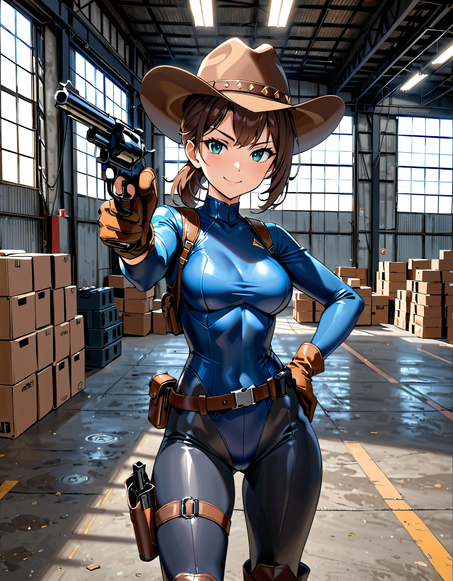 masterpiece, best quality, 1lady, solo, solo focus, (tall body), hispanic, brown hair, short hair, ponytail, blue-green eyes, medium breasts, beautiful detailed eyes, beautiful detailed face, smirk, ((brown cowboy hat)), (bodysuit, (solid blue bodysuit, leotard, dark blue leotard, skin-tight dark grey leggings:1.2), perfect fit), long sleeves, (gloves, dark blue gloves, matching gloves, boots, combat boots, dark blue boots, matching boots), (tight belt:1.1, pouches, drop-down pistol holster, knee pads), ((pointing pistol at the viewer, revolver)), full body, cowboy shot, empty warehouse, danger atmosphere.