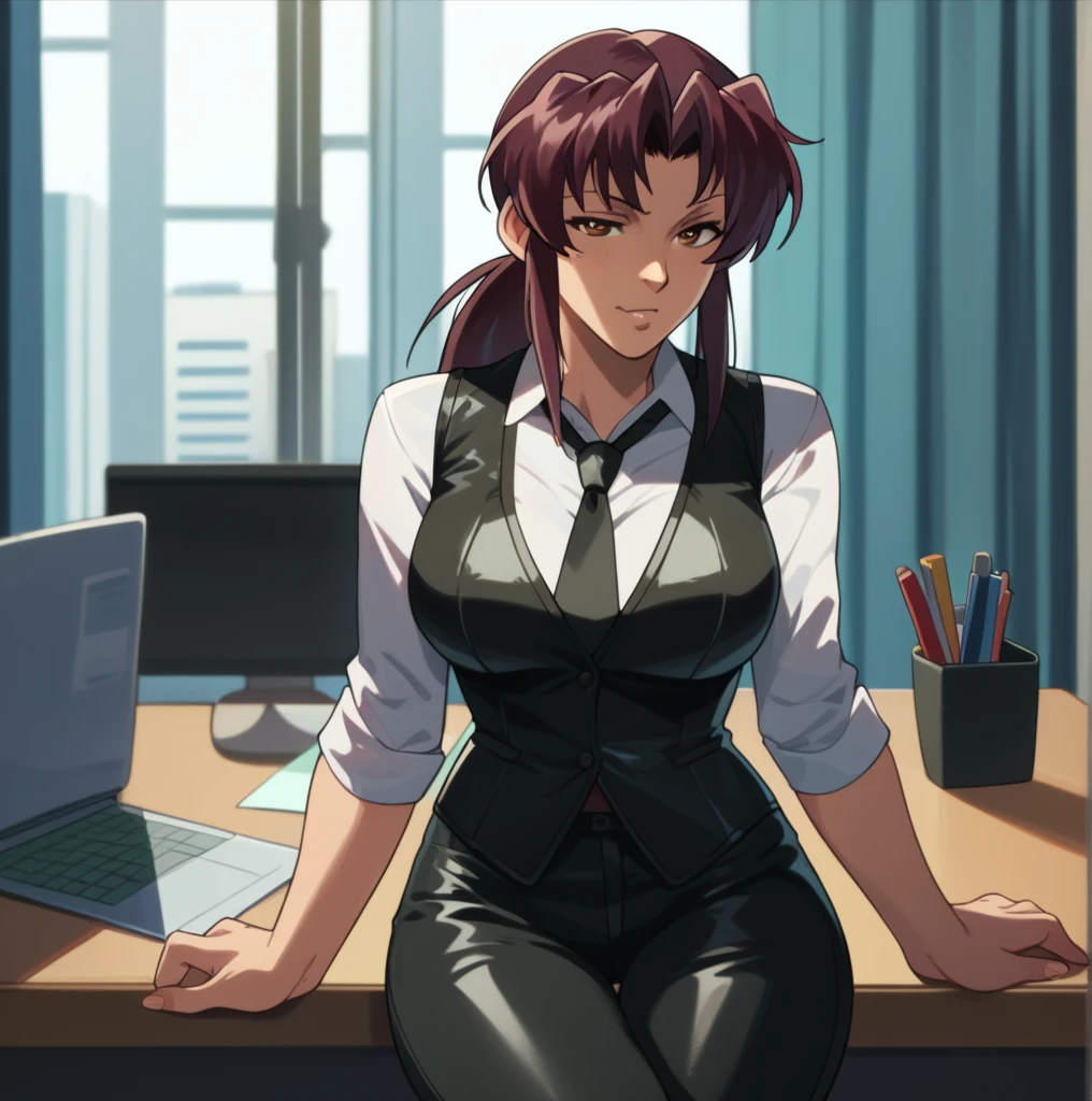 Revy, 1girl, solo, office lady, white shirt, black necktie, black leather blazer, black leather pants, hot, in the office principal, black leather, leather suit, shinny leather outfit, leather vest
Looking at viewer, High Resolution, 