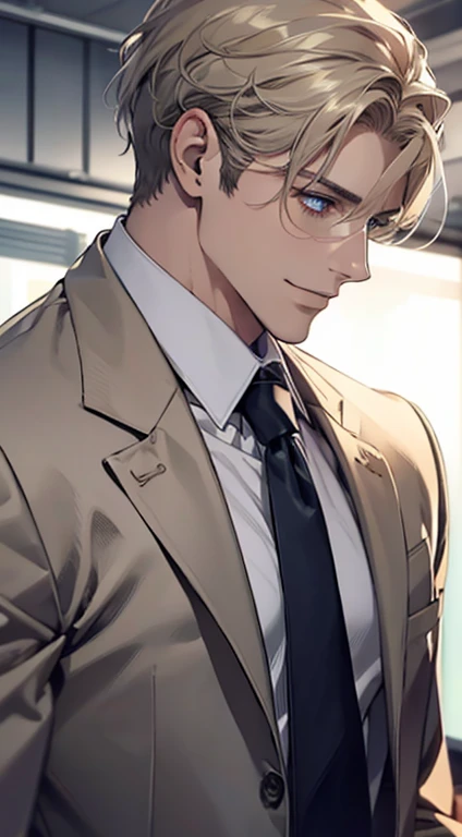 white young man, green eyes, smile, beautiful, tall, white shirt, black pants, black tie, stylish hair, blonde hair, glasses, casual clothes