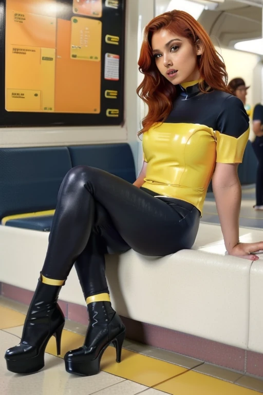 latino ginger woman in yellow sttldunf uniform sitting at the subway,black pants