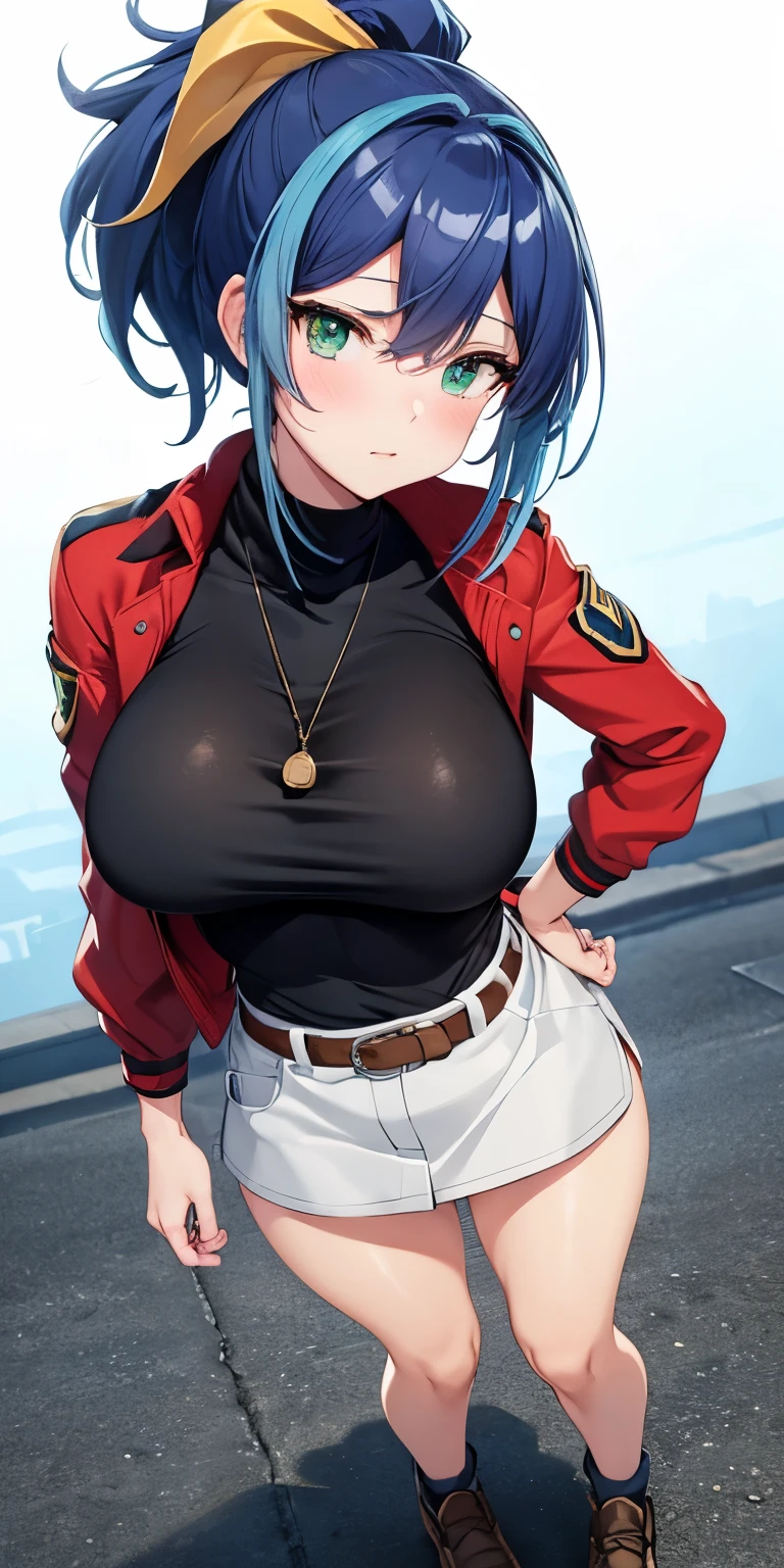 1 Female,High definition,high resolution,Ultra-realistic,8K, aaserena, yellow ponytail, ((multicolored hair)),green eyes, red jacket, black shirt, belt, white skirt, tight skirt, miniskirt ,brown shoes,large breasts,European,sexy,Upper body close-up,Photographed from the front,Dynamic Angles,private teacher,A little sheer underwear,blue underwear,blush, big tits ,(show panties ),(top view),(full body), Multicolored hair , perfect face,cute face,perfect face,cute face,ultra high definition, detailed face,8k