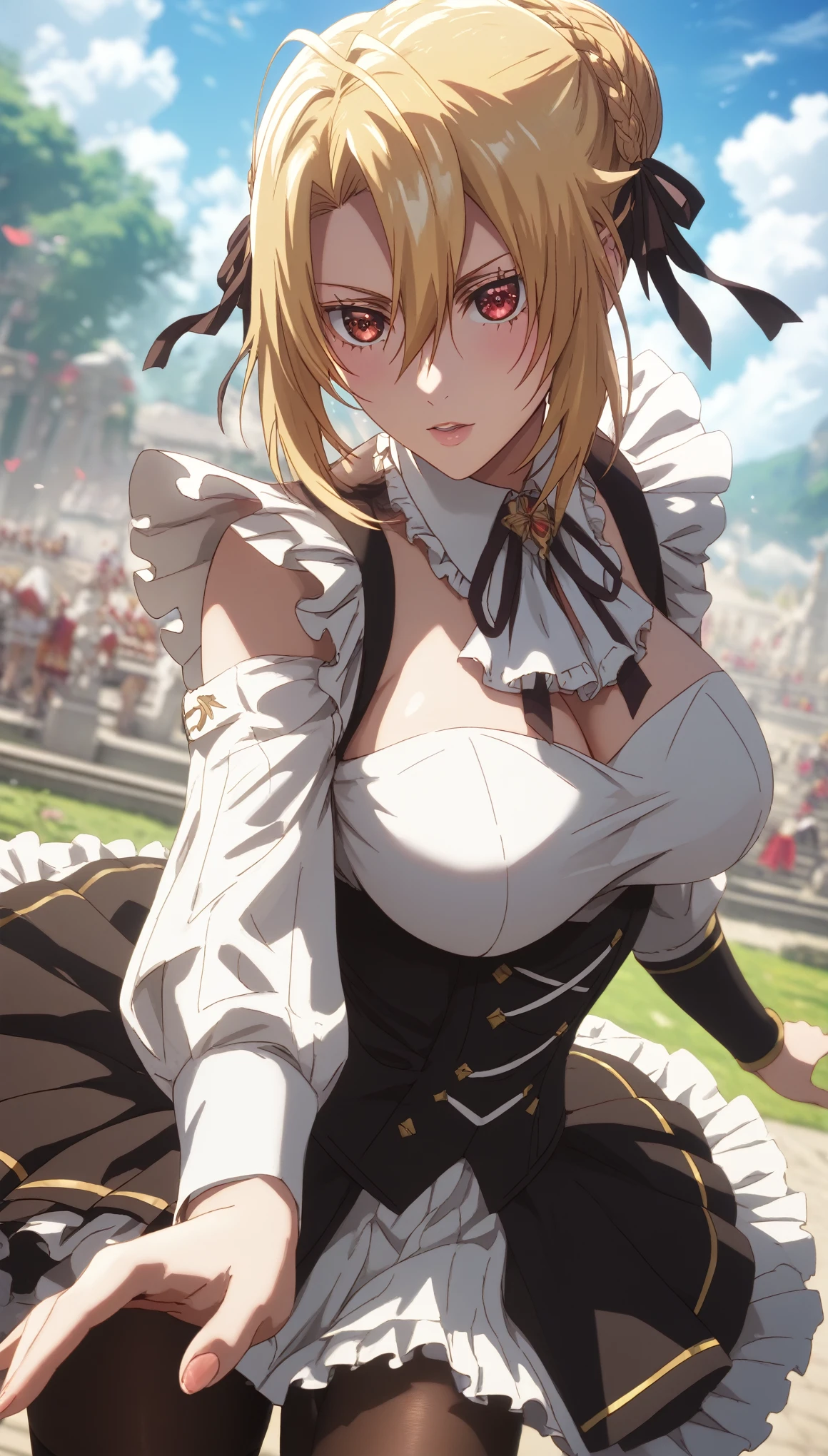 score_9, score_8_up, score_7_up, score_6_up, uncensored, angelica, blonde hair, braid, red eyes, BREAK (masterpiece:1.2), best quality, high resolution,(detailed eyes:1.3), perfect lighting,(perfect hands, perfect anatomy), large breasts, , miniskirt, pantyhose, dynamic pose