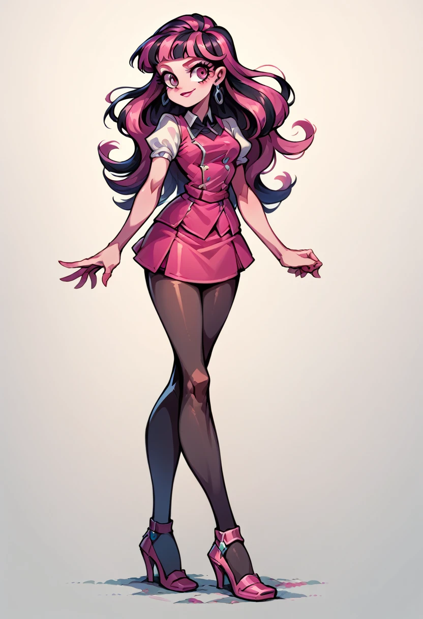 Draculaura- monster high, full body, black pantyhose, pink shoolgirl uniform, high heels, miniskirt