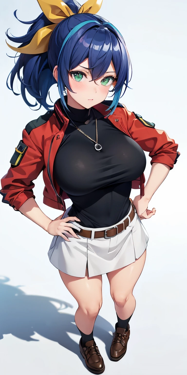 1 Female,High definition,high resolution,Ultra-realistic,8K, aaserena, yellow ponytail, ((multicolored hair)),green eyes, red jacket, black shirt, belt, white skirt, tight skirt, miniskirt ,brown shoes,large breasts,European,sexy,Upper body close-up,Photographed from the front,Dynamic Angles,private teacher,A little sheer underwear,blue underwear,blush, big tits ,(show panties ),(top view),(full body), Multicolored hair , perfect face,cute face,perfect face,cute face,ultra high definition, detailed face,8k