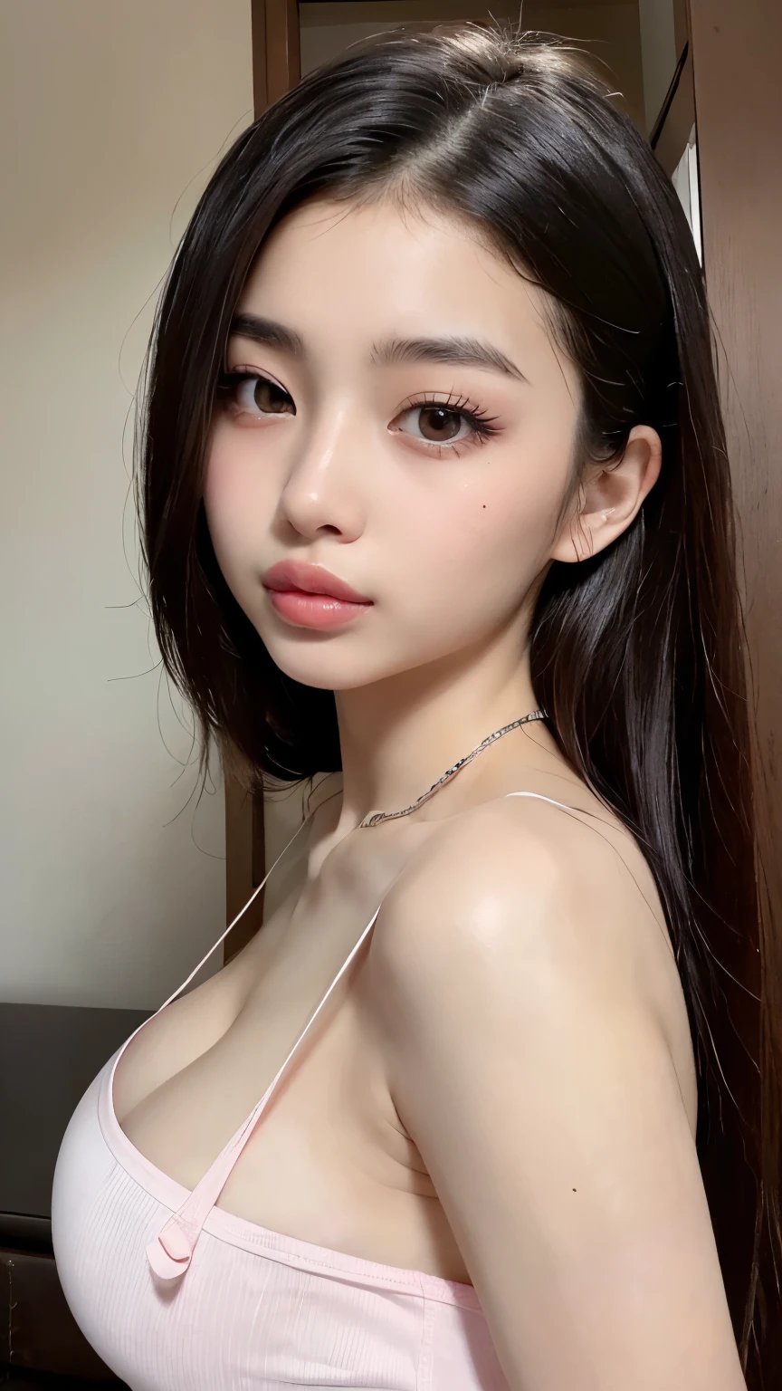 ((8k photo, RAW photo, best quality, ultra res, photorealistic)), (intricate details, masterpiece, hyper-realistic, ultra detailed), a photo of a ((young Japanese girl, sexy teenage girl, sexy teen, teenage:1.5)), ((:1.8)) in pajamas, ((perky breasts, firm breasts:1.4)), ((thick lips, full lips:1.5)), ((petite:1.5)), e-girl, sexy face with full makeup, pink lips, (lip gloss:1.4), showing her face, very sexy outfit, jaw-dropping beauty, seductive look at the camera, upper body, sexy young girl, beautiful girl, (cute face), seductive look, seductive pose