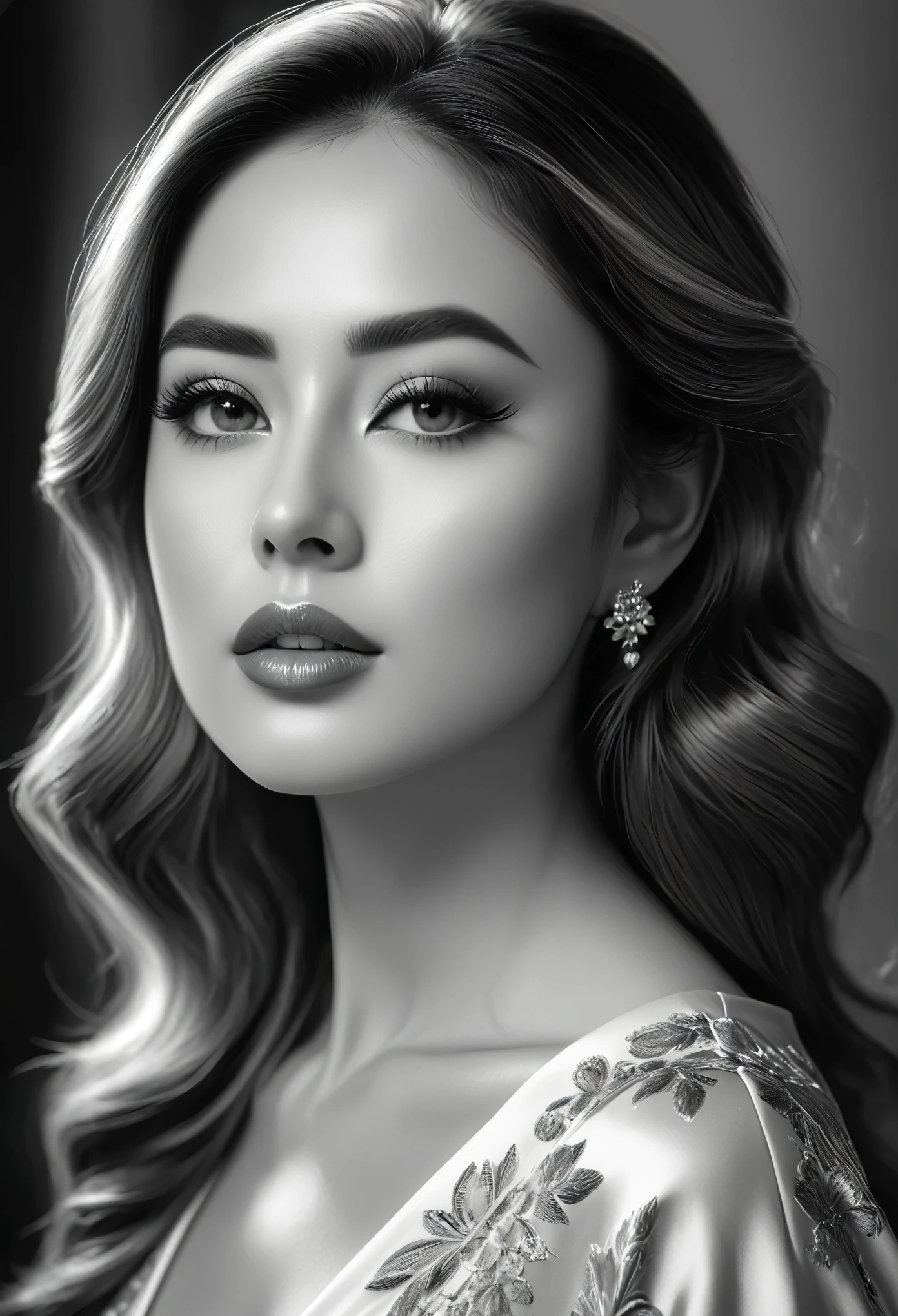 a beautiful woman with a calm and elegant posture, detailed facial features, detailed eyes and lips, delicate brushstrokes of black and white paint, fluid movement, subtle ink tones, detailed and beautiful eyes, beautiful detailed lips, extremely detailed eyes and face, long eyelashes, photorealistic, masterpiece, 8k, ultra-detailed, vivid colors, Dramatic Lighting, cinematic, elegant, funny, sereno, portrait