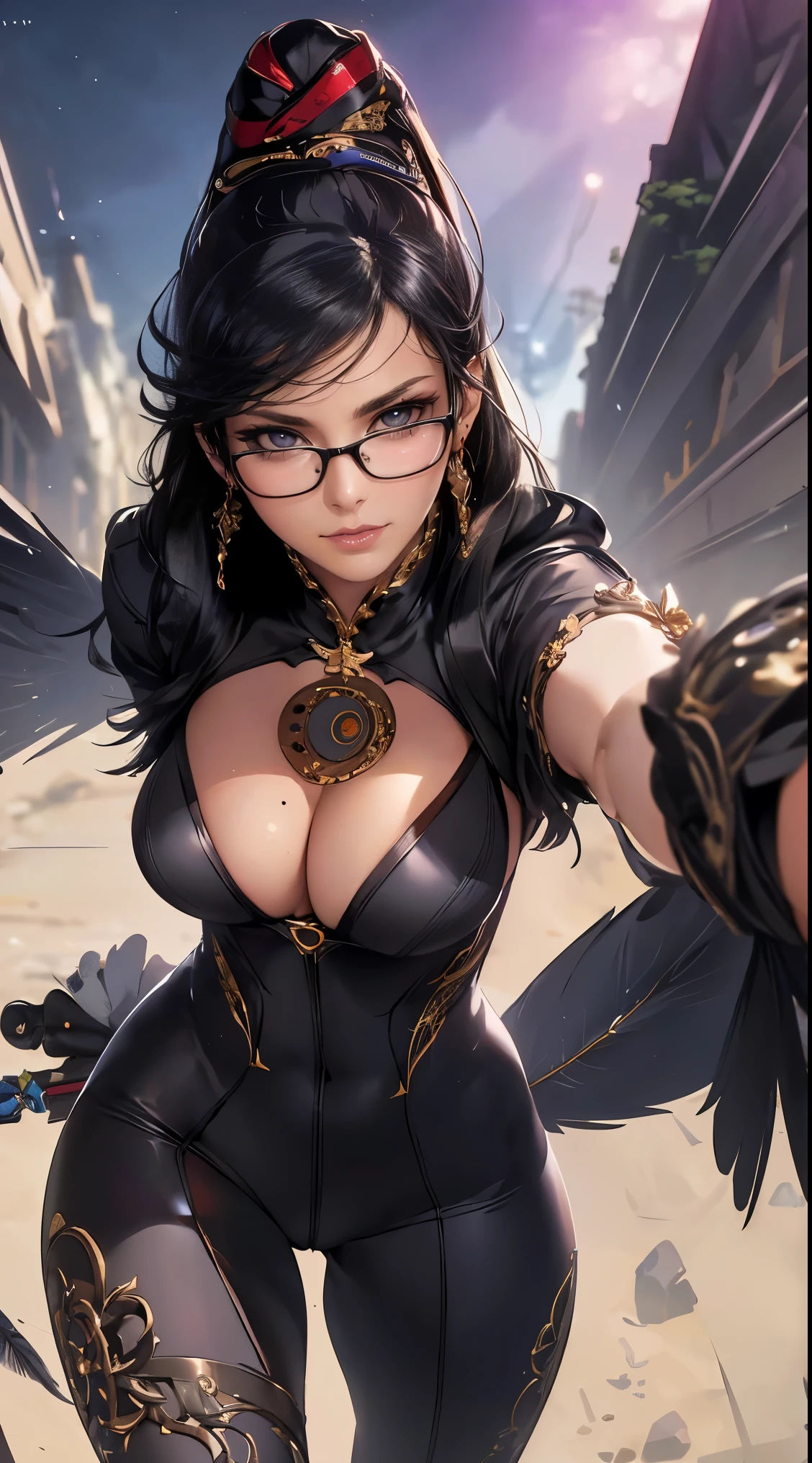 cereza 1girl, solo, breasts,glasses, blue eyes, gloves, ribbon, cleavage, jewelry, weapon, ass, earrings, mole, gun, bodysuit, makeup, feathers, lipstick, mole under mouth, dual wielding (realistic:1.2), (realism), (masterpiece:1.2), (best quality), (ultra detailed), (8k, 4k, intricate),(full-body-shot:1), (85mm),light particles, lighting, (highly detailed:1.2),(detailed face:1.2), (gradients), sfw, colorful,(detailed eyes:1.2)(detailed background),detailed landscape, (dynamic angle:1.2), (dynamic pose:1.2), (rule of third_composition:1.3), (Line of action:1.2)