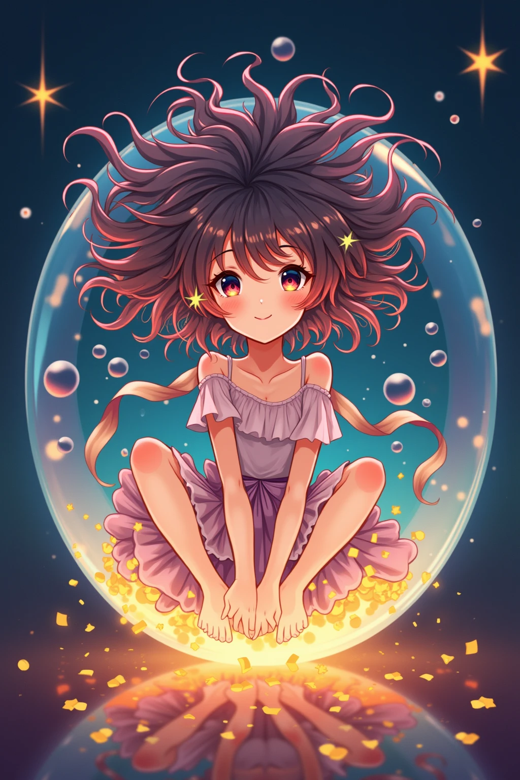 layla (tmasterpiece), (Best), (extremely detaile),(hair messy),(illustratio), (1gramirl), Beautiful and delicate eyes,Delicate and beautiful face,Floatingram,(higramh saturation),(colorful splash),Colorful bubbles,(shiningram),Focus on the face, sittingram inside a gramlass ball, gram;ass cagrame, gramolden stars and lanterns
