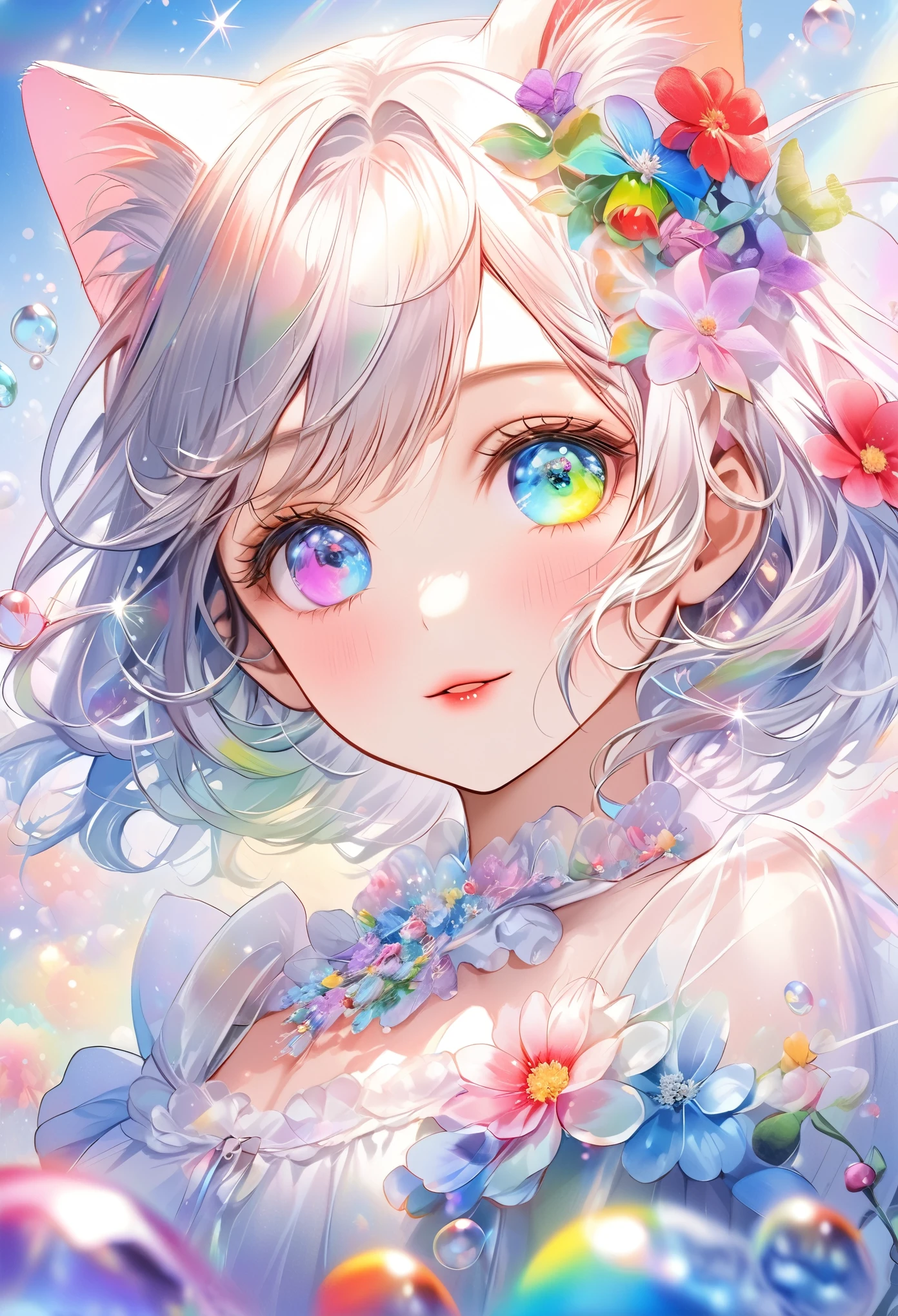 (((masterpiece))), (((Best Quality))),((Ultra-detailed)), A fusion of watercolor and oil painting, Psychedelic World, Watercolor splash,Very colorful tones, Commemorative photo, White Dress、Ultra-precise embroidery, See-through lace, ribbon, See-through frills,cute, beautiful girl, , 1 cute girl, (Look forward), (Looking at this), (Very delicate and beautiful face), (Beautiful eyes in every detail), ((((Heterochromia Iridum - Red and Blue Eye Color)))),Through the bangs, Shiny white hair, Loosely Curly Bob, Beautiful attention to detail, Beautiful lip detail, Highly detailed face, Attractive eyes, Long eyelashes, smile, Open your mouth a little, Cat ears, 髪の色と同じ色のCat ears,One Girl, ((The most beautiful girl of all time))),strawberry, strawberry, Digital Art, Pastel colors, ((Use the rainbow as your main color)),Vibrant colors,Fantasy Artwork,Dreamy,Mythical fantasy with rainbow accents,Fairytale Fantasy,(((Colorful flowers))), (((Translucent rainbow))),Rainbow Gradient,Subtle iridescent detailing,Gives off a magical aura,Exquisite detail,Heavenly, Colorful Flowers,((Upper body close-up)),Soft lighting, Cinematic, romantic, Doll、Framing above the chest, Colorful gel background, Fractal Floral Background, Soap bubbles, Sparkling, Sparkling, Small faint lights and flying fireflies, crystal, Shining Star,Shooting Star,Data, Perfect lighting, Sharp focus, High resolution, High resolution,High color rendering, High resolution