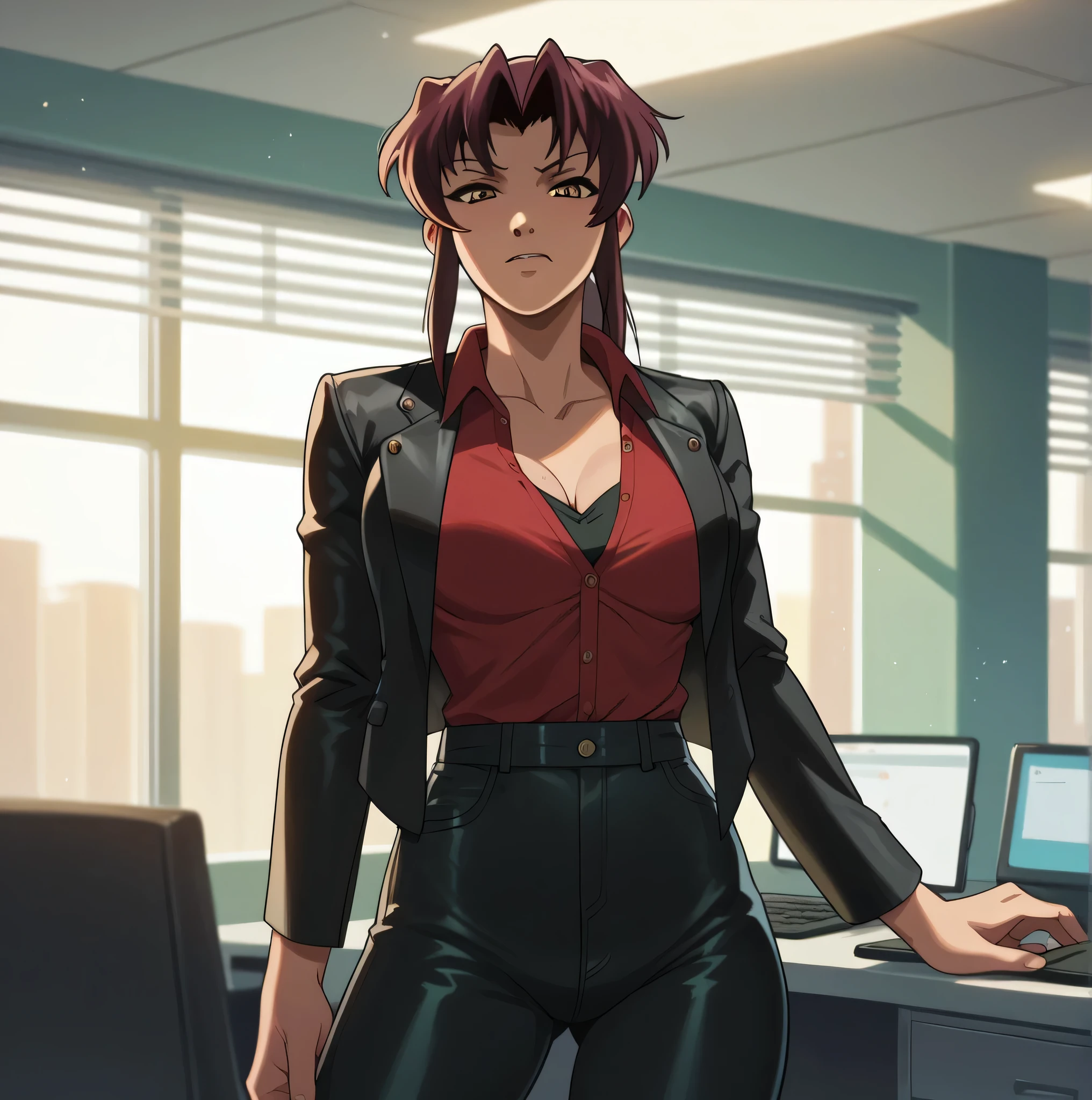 Revy, 1girl, solo, office lady, red shirt, unbottoned, black leather blazer, black leather pants, hot, in the office principal, black leather, leather suit, shinny leather outfit, leather vest
Looking at viewer, High Resolution, 