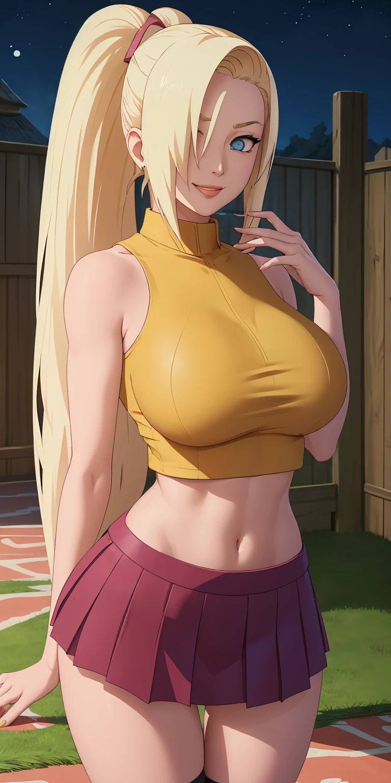 masterpiece, best quality, extremely detail 8k cg, high resolution, 1girl, solo, mature female, Skirt_InoYamanaka_ownwaifu, blonde hair, blue eyes, hair over one eye, large breasts, long hair, ponytail, crop top, midriff, miniskirt, bare shoulders, bow, purple skirt, sleeveless, yellow shirt, titsonastick, skindentation, bare shoulders, thigh gap, seductive expression, smirk, beautiful face, night time, konohavillage, medium full shot