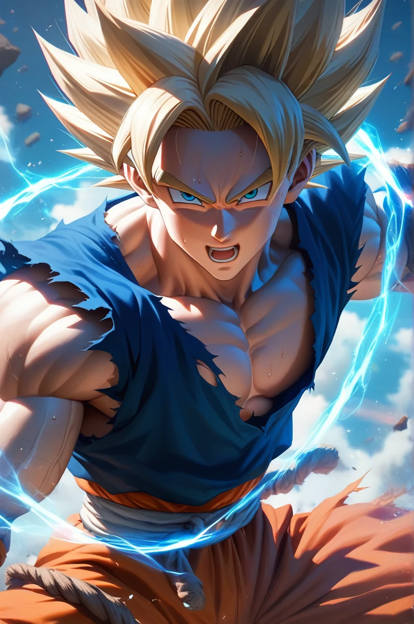 super_saiyan, 1boy, solo, male_focus, blonde_hair, open_mouth, son_goku, spiked_hair, dougi, looking_at_viewer, muscular, torn_clothes, blue_eyes, no_eyebrows, long_hair, muscular_male, incoming_attack, orange_pants, aura, glowing, super_saiyan_1, blue_shirt, pectorals