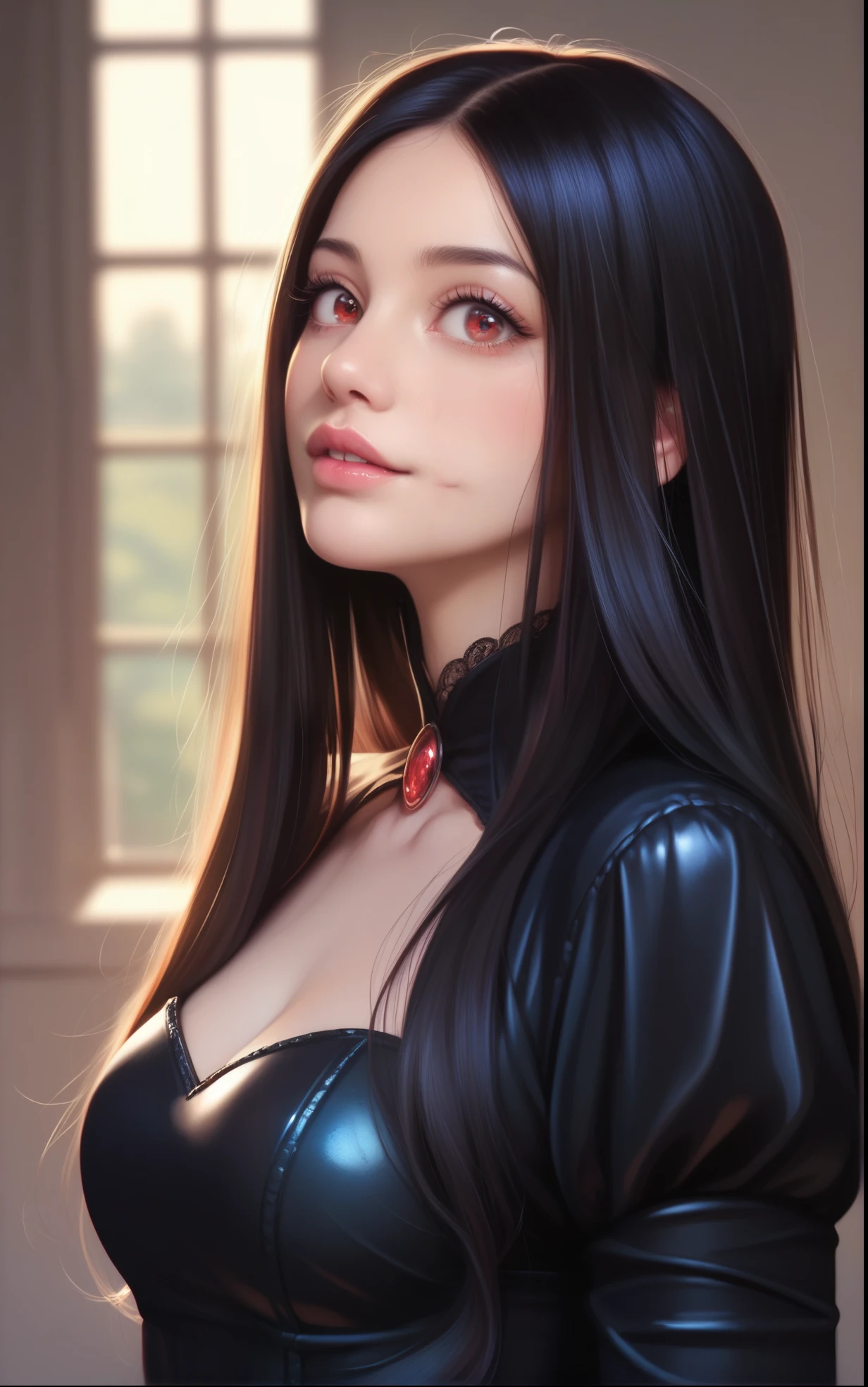 score_9, score_8_up, score_7_up, photorealistic, shiny lip gloss, realistic, best quality, ultra high resolution, depth, pastel color, natural shading, long hair, black hair, well-detailed eyes, red eyes, black dress, gloves, anatomically correct,