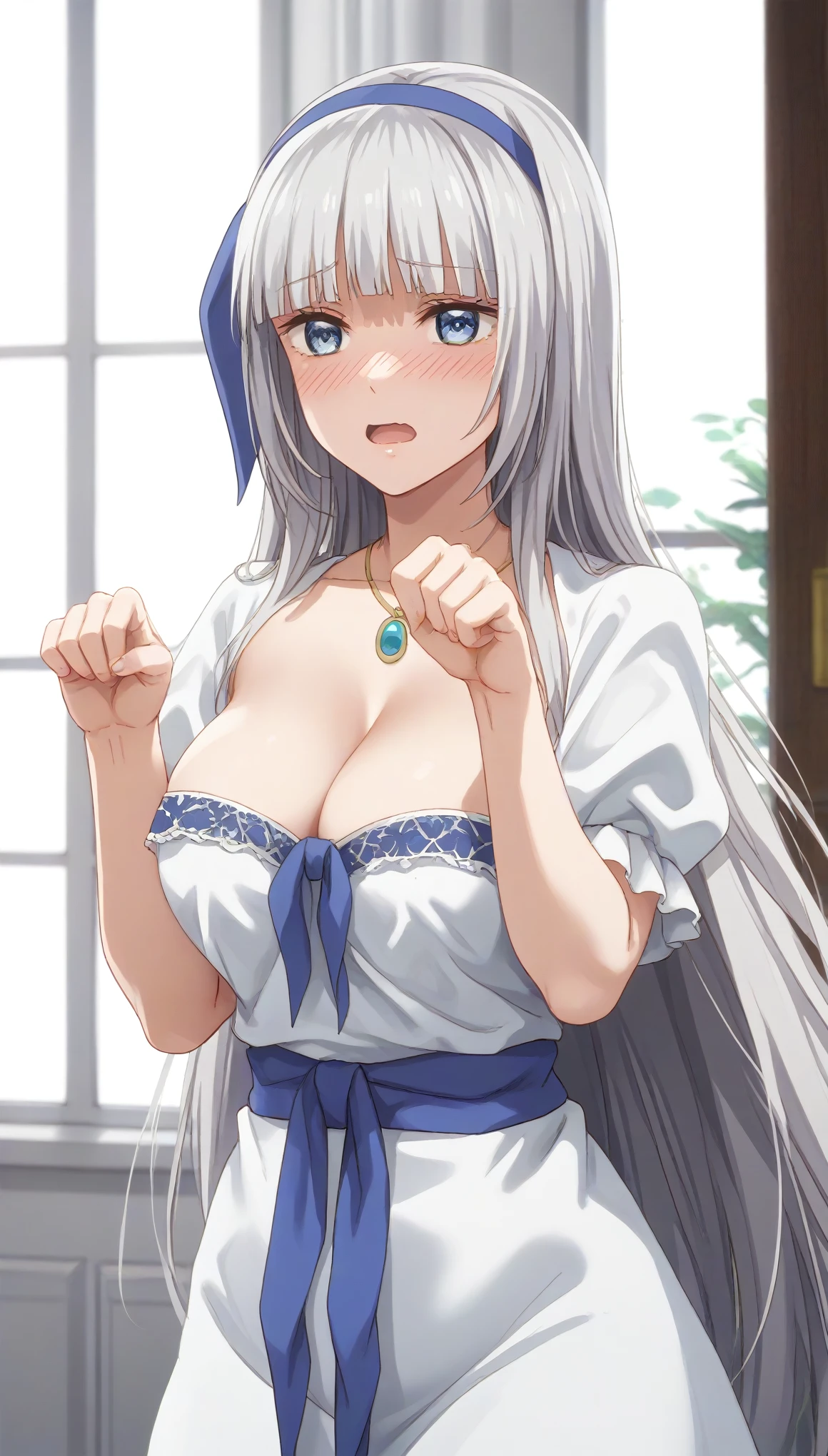 Cute naughty priestess, Pastel colors hair, large breasts, Thighs, (silver hair), blue hair, long hair, (pouted:1,2, blush:1.2), half updo, double bun, (naked:1.3), at the adventurer's guild, A bulletin board with posted paper