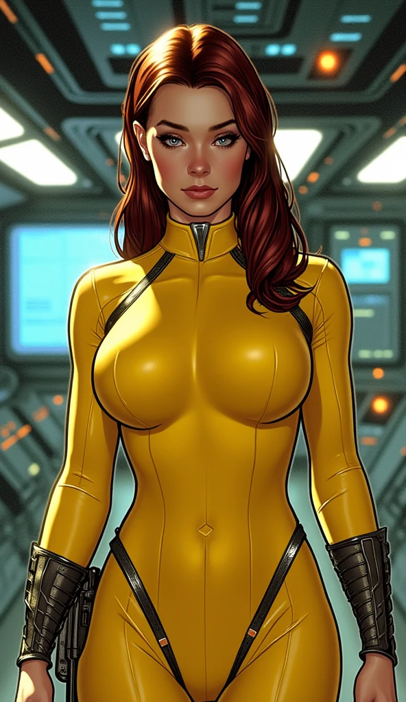 Best quality, 8K, woman retro super hero futurism, beautiful and detailed face, black straight long hair, bangs,big eyelashes,LOOKING TO observer,TRANSPARENT BEIGE LATEX BEIGE CATSUIT, metalic details, LIGHT BROWN TAN pantyhose, sheer TAN gloves,sci-fi RETRO SPACESHIP scenario