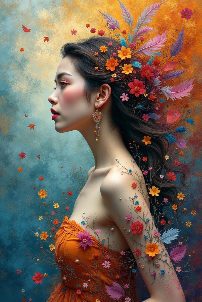 a beautiful girl painting her face with colored flower and a painting on her arm and a horse besides her, in the style of yanjun cheng, neon color palette, fluorescence, realistic hyper-detailed portraits, glowing, multi-layered figures, romanticized nature, intricate illustrations, loose and fluid, meticulous, hazy background