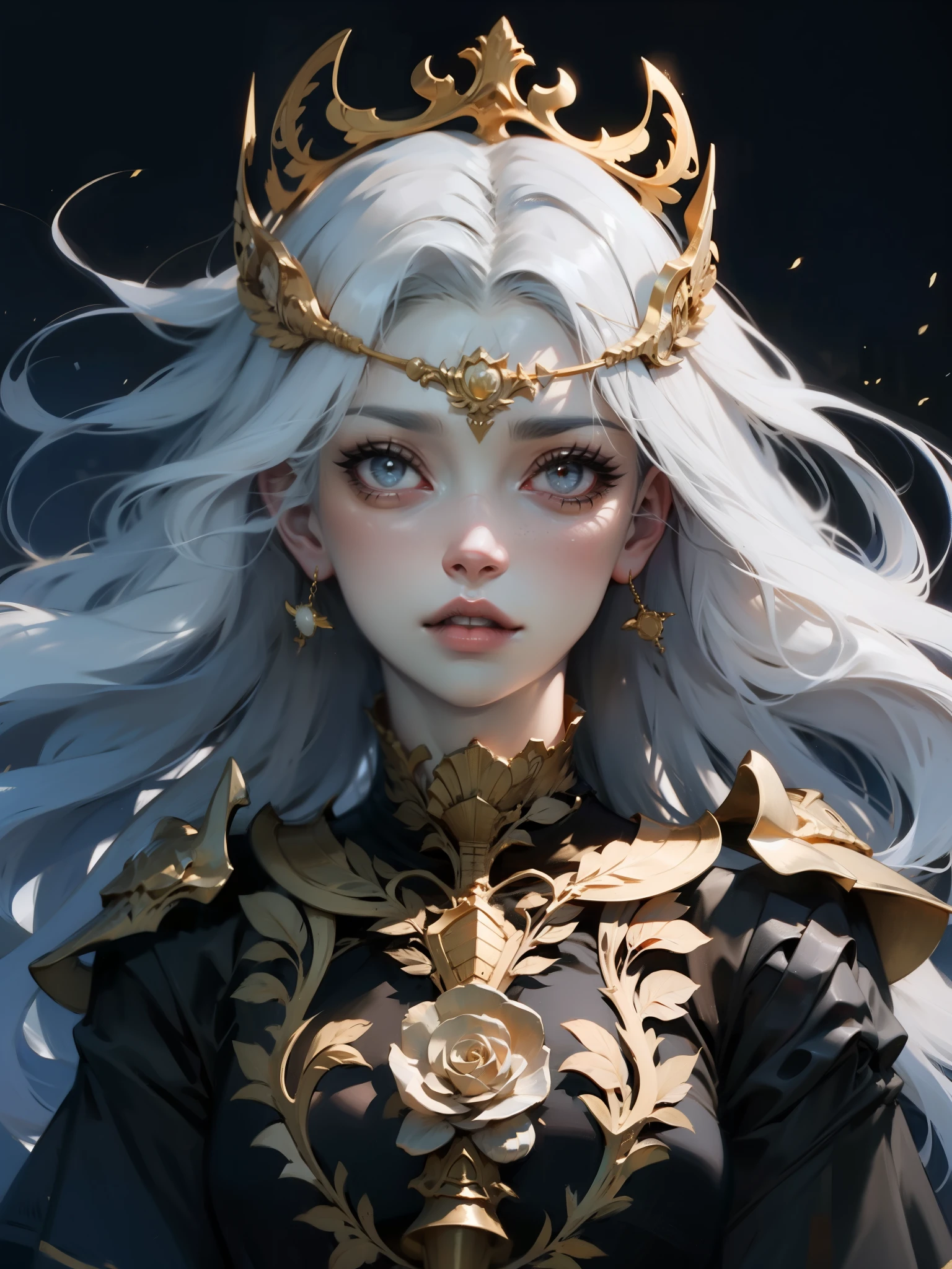 1 girl, adult woman, Alone, g0ld3mb, silver hair, long hair, windy, (golden aura magic), detailed face, beautiful face, detailed eye, , melancholic, a faraway look, circlet, regal, dress, light and darkness, Castle roof, wide view, full body, perfect anatomy, elegant dress, beautiful BikiniElfGirl, War_Glam, a woman in body armor, wearing see trough dress, 