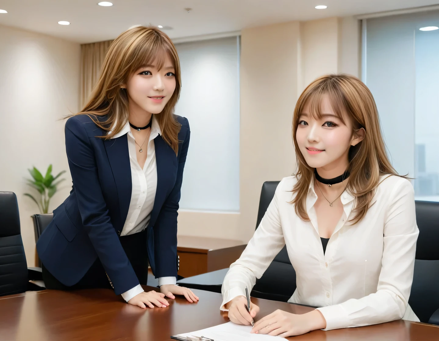 Score_9, Score_8, Score_8upScore_7, Best Quality、masterpiece、group、(White tight shirt、Navy Blazer)), Large Breasts, ((Layered Haircut)), Slender body, Slim face(8k,Best Quality),Mid-range shooting, Adorable, smile, Long brown hair, 32K, masterpieceHighest image quality,Ultra-high resolution,Perfect hands,Black Choker、Almond Eye、bangs、Very thick and long eyelashes, Perfect Makeup, There is a table in the center of the conference room., Two women are sitting on either side of it and discussing something..、Serious discussion during the meeting、There are documents on the desk、wrist