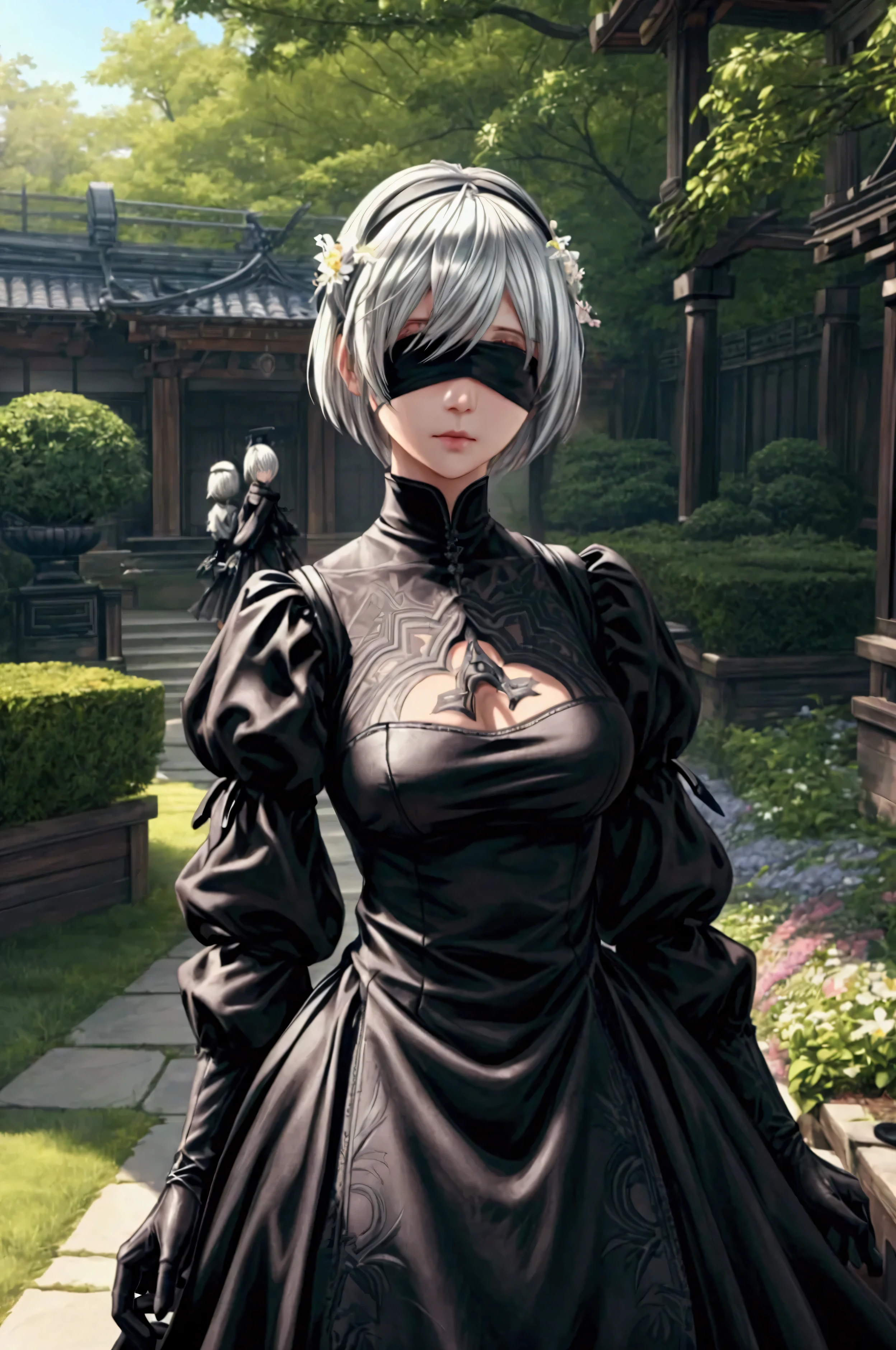 Automataにインスパイアされた、Nier Automata Characters、Nier Automata Cosplay、(High resolution、4K、Please redeem) Inspired by Nier、剣を持った黒い服を着たGirl: Automata、Girl、((Both eyes are completely covered with a black blindfold))、Delicate and beautiful silvery white hair、Beautiful lip detail、And a highly detailed face with fine skin texture、She stands in a garden of brilliant colors、Blooming Flowers々Surrounded by、The garden is lit by soft natural light.、Create a peaceful atmosphere、Girlの黒い衣装は光沢のある革素材で作られています、Gives a stylish and futuristic look、In her hand she holds a silver sword、Reflects sunlight、The blade is intricately engraved、Craftsmanship shines through、Girlの風になびく髪、Adding Dynamic Movement to a Scene、The overall image is realistic and photorealistic、Sharp focus and vibrant colors、Increase visual impact、This artwork is from Nier : Automataの本質を捉えており、Paying homage to the iconic character 2b。